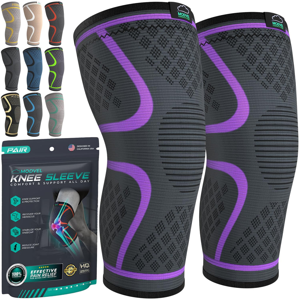 Modvel Compression Knee Brace for Women & Men, 2-Pack Knee Brace for Running Knee Pain, Knee Support Compression Sleeve, Workout Sports Knee Braces for Meniscus Tear, ACL & Arthritis Pain Relief