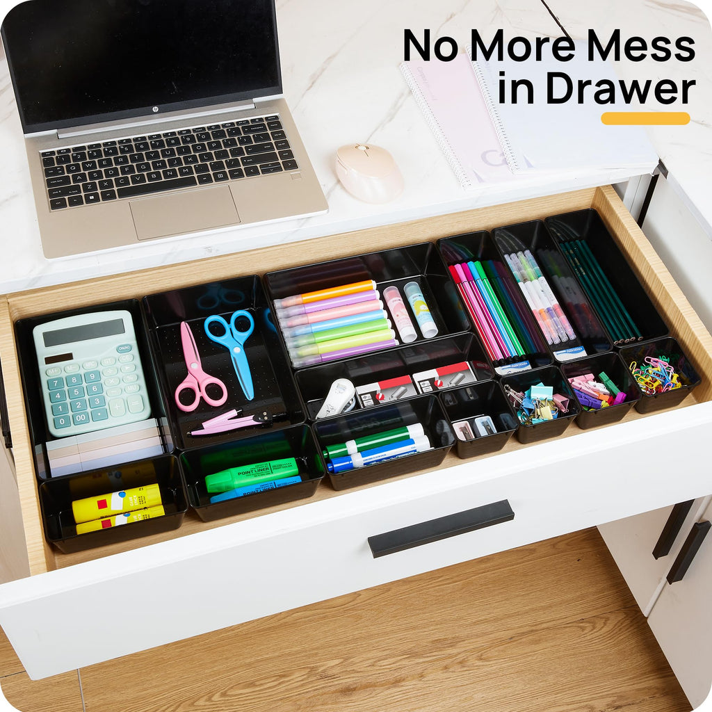 Vtopmart 25 PCS Clear Plastic Drawer Organizers Set, 4-Size Versatile Bathroom and Vanity Drawer Organizer Trays, Storage Bins for Makeup, Bedroom, Kitchen Gadgets Utensils and Office