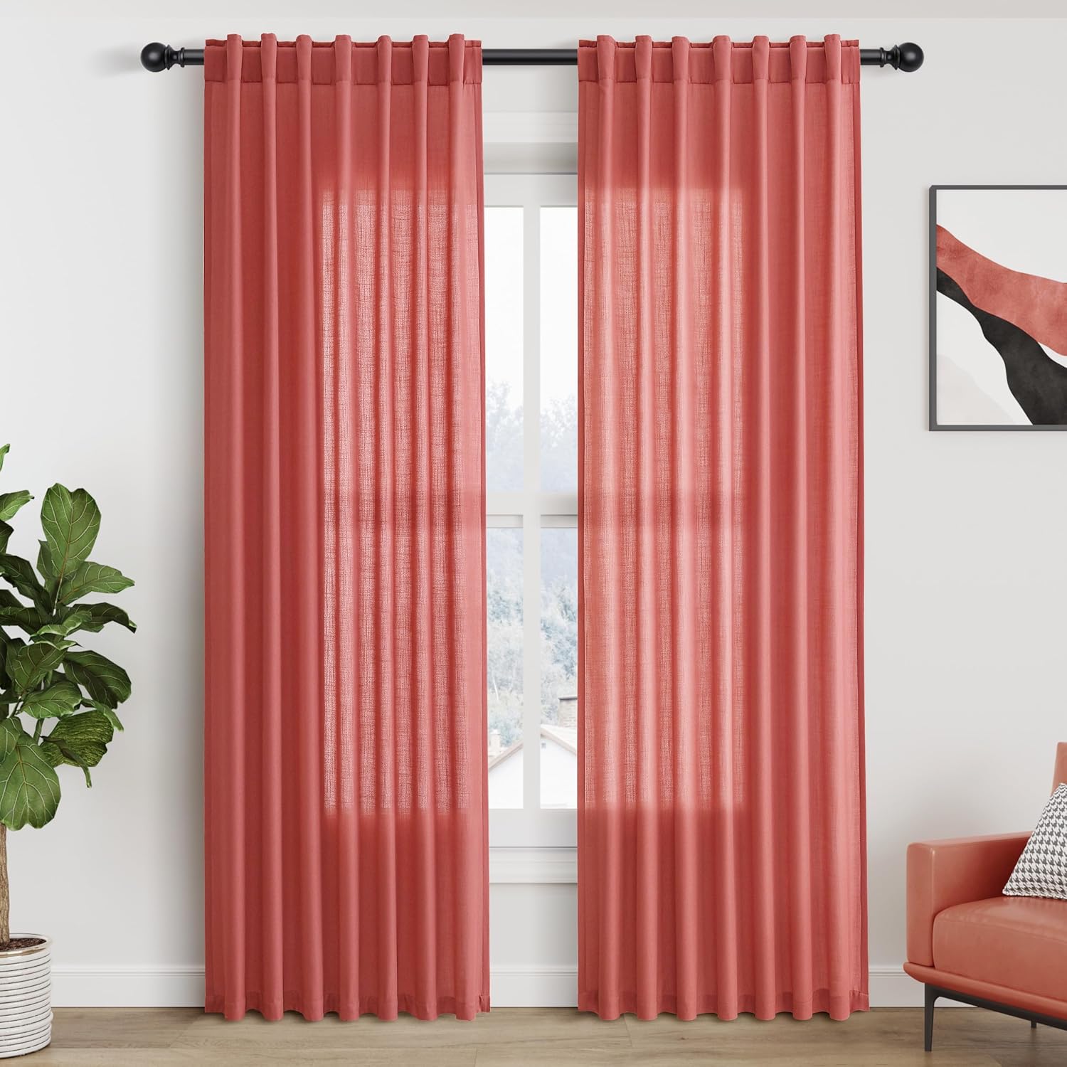 Nanspring Burgundy Linen Curtains 84 Inch Length 2 Panels Set for Living Room Rod Pocket Back Tab Light Filtering Window Drapes for Bedroom Dining Room Protect Privacy Modern Farmhouse Decor 52x84