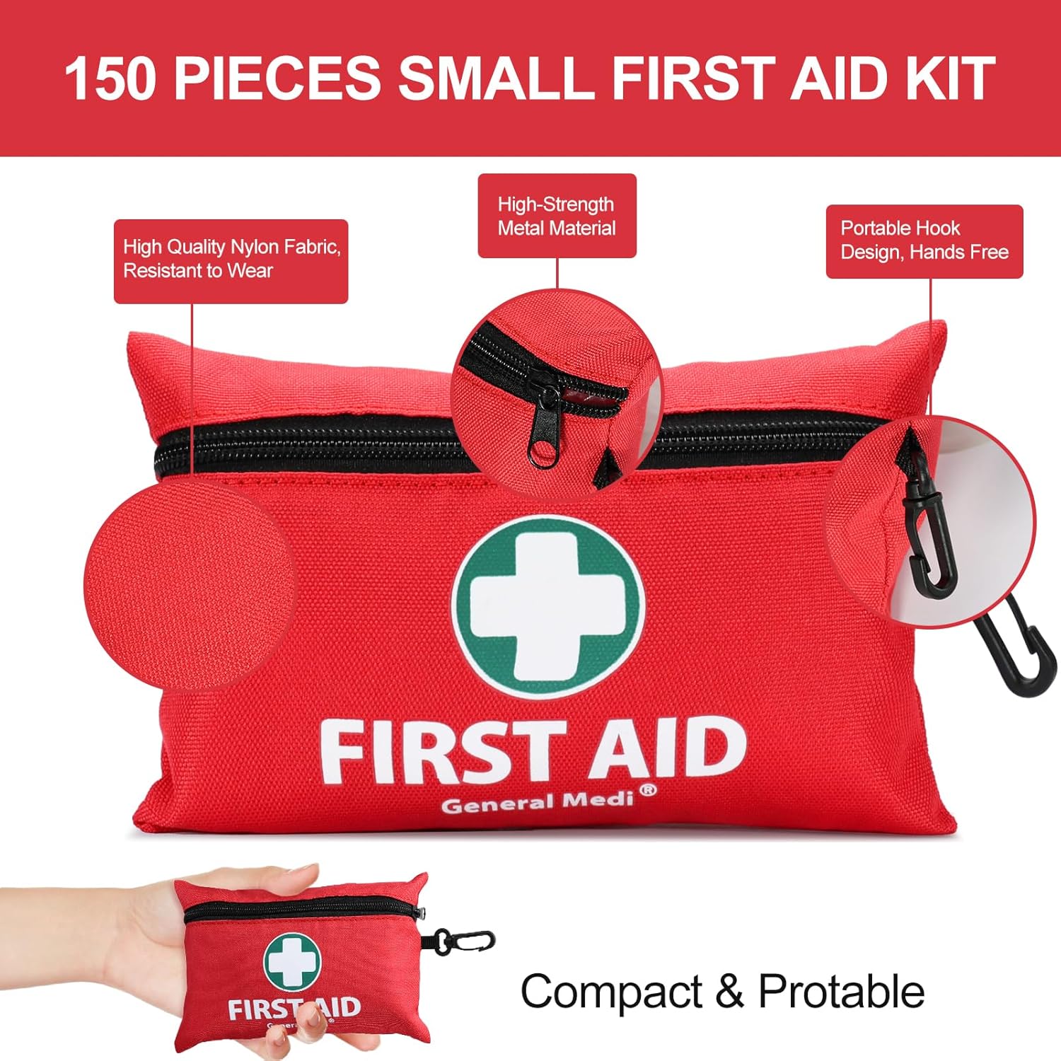 General Medi Mini First Aid Kit, 110 Piece Small First Aid Kit - Includes Emergency Foil Blanket, Scissors for Travel, Home, Office, Vehicle, Camping, Workplace & Outdoor (Red)