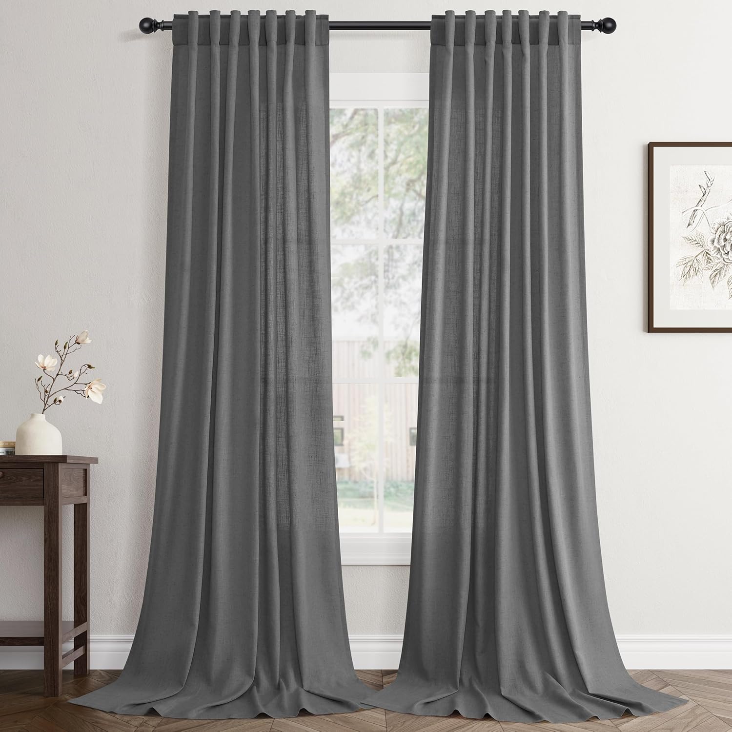 Linen White Curtains 84 inches Long for Bedroom Back Tab Privacy Light Filtering Semi Sheer White Boho Farmhouse Curtain Textured Modern Elegant Coastal Decor Curtains for Living Room