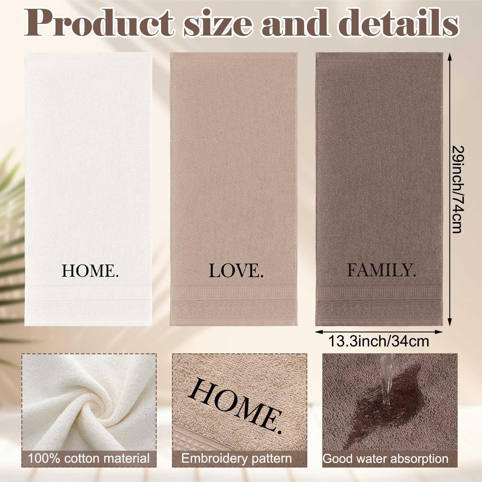 3 Pcs Home Love Family Hand Towels Farmhouse Decorative Embroidered Bathroom Hand Towels Rustic 100% Cotton Brown Hand Towels Set for Boho Bathroom Kitchen Decor