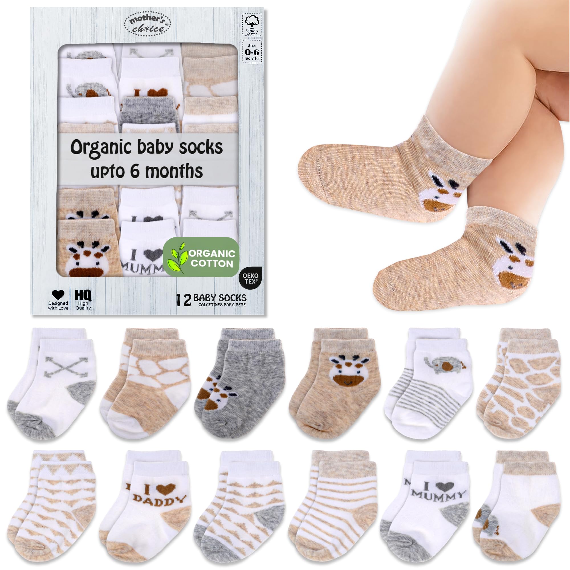 Mother's Choice Organic Cotton Baby Socks Infant 0-6 Months - 12 pairs Soft, Cozy, and Gentle Newborn Socks for Girls & Boys, Perfect Baby Gift for Everyday Wear, and Infant Comfort