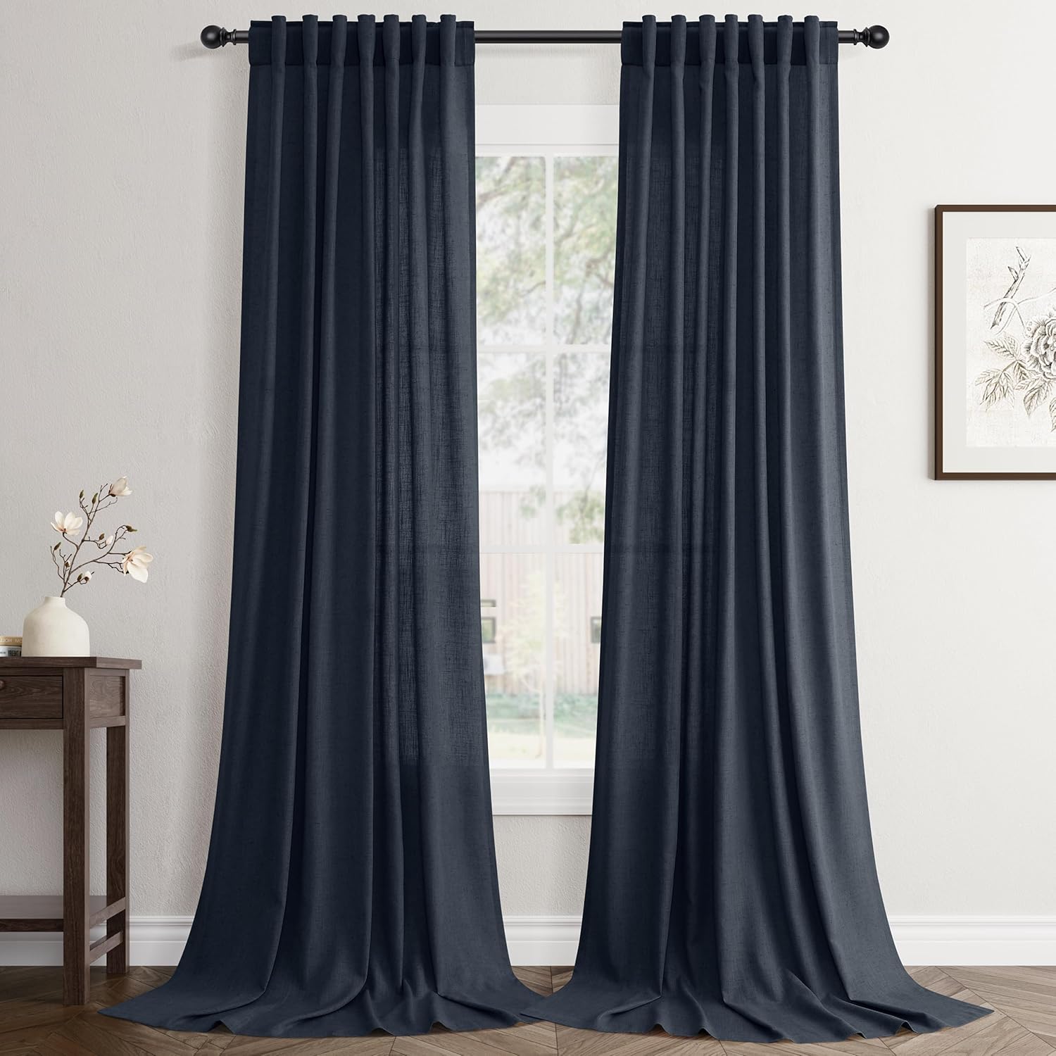 Rustic Brown Linen Back Tab Curtains 84 Inch Length for Living Room 2 Panel Pocket Drape Light Filtering Semi Sheer Cream Country Rustic Farmhouse Boho Curtain Bedroom Pinch Pleated Look