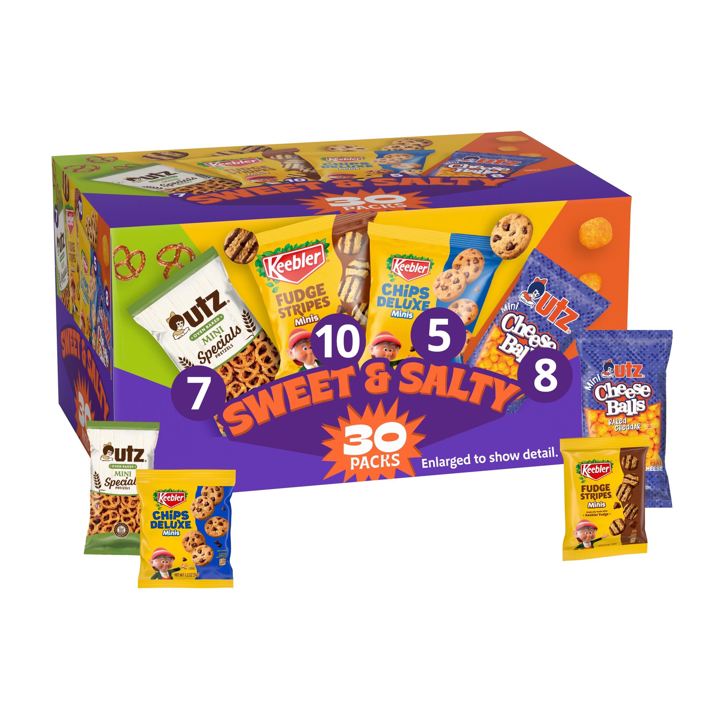 Keebler Sweet & Salty Variety Pack, 30-Count Box, Includes Keebler Chips Deluxe, Fudge Stripes, Utz mini Pretzels and Cheese Balls, 31 oz