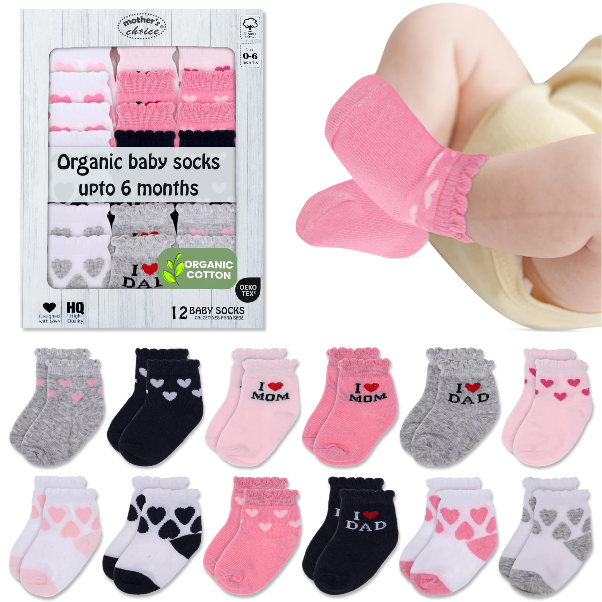 Mother's Choice Organic Cotton Baby Socks Infant 0-6 Months - 12 pairs Soft, Cozy, and Gentle Newborn Socks for Girls & Boys, Perfect Baby Gift for Everyday Wear, and Infant Comfort