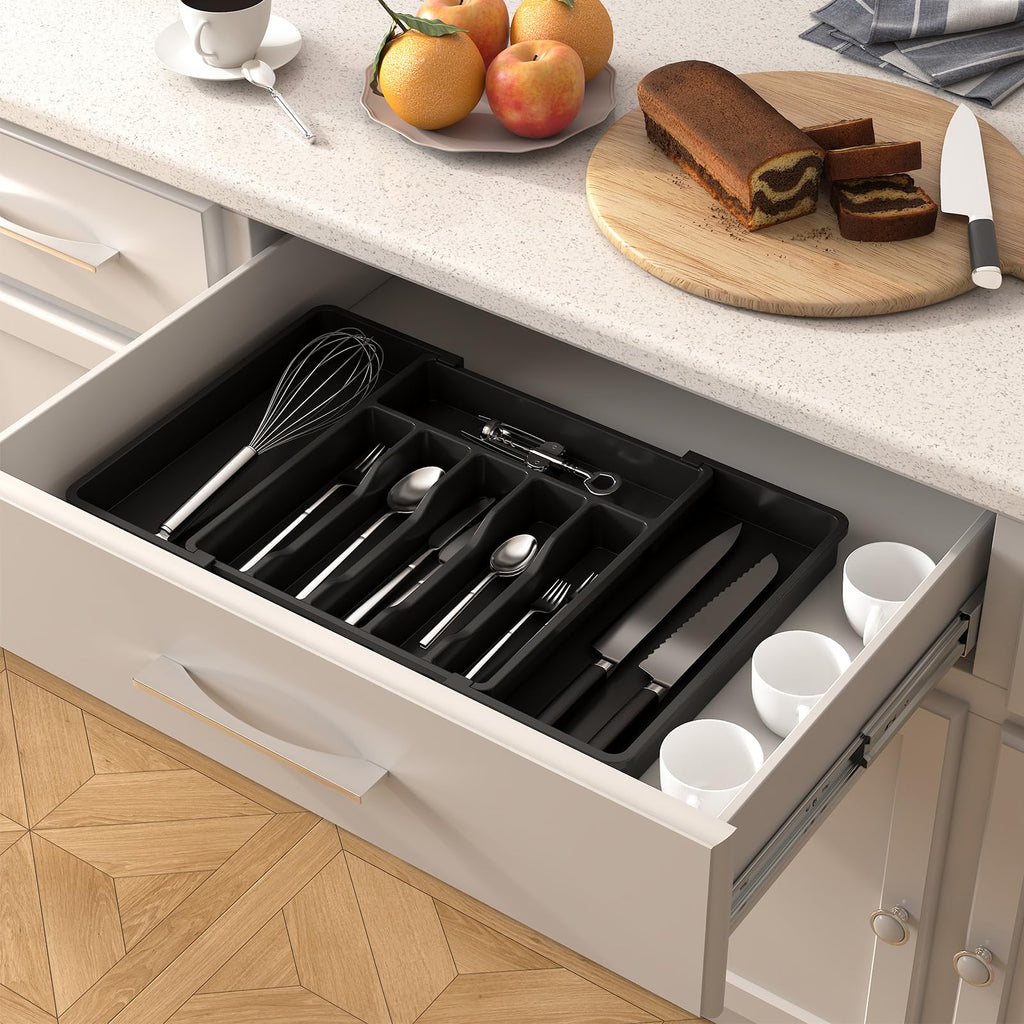 Lifewit Silverware Drawer Organizer, Expandable Utensil Tray for Kitchen, BPA Free Flatware and Cutlery Holder, Adjustable Plastic Storage for Spoons Forks Knives, 8.5"-14.1" x 12.1", Black