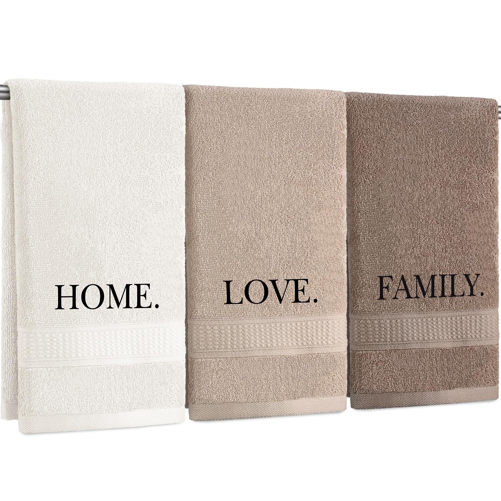 3 Pcs Home Love Family Hand Towels Farmhouse Decorative Embroidered Bathroom Hand Towels Rustic 100% Cotton Brown Hand Towels Set for Boho Bathroom Kitchen Decor