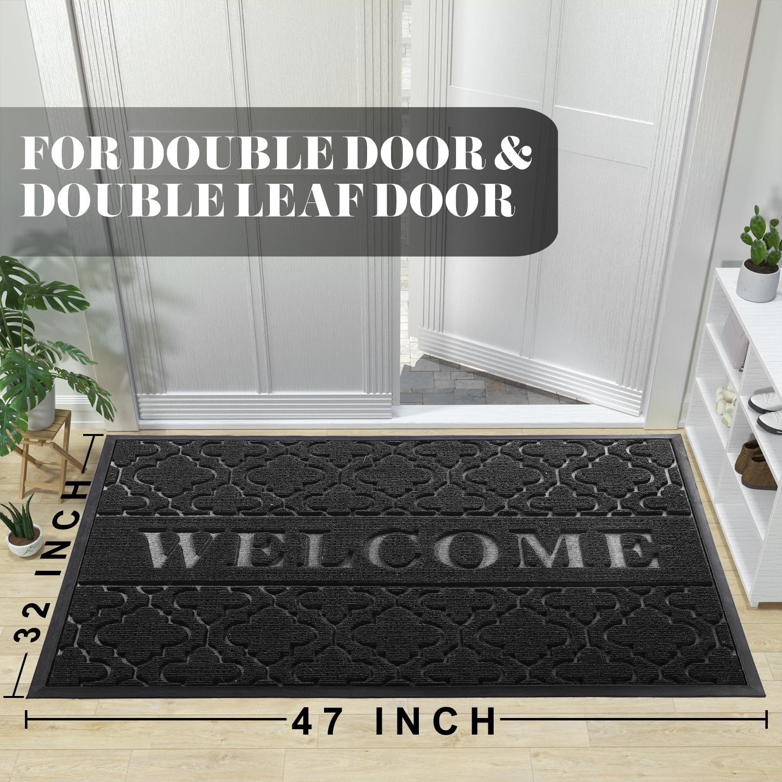 Yimobra Welcome Mat Outdoor Indoor, All-Weather Waterproof Front Door Mat Outside Entrance, Non-Slip Low Profile Porch Patio Doormat, 29.5x17, Black