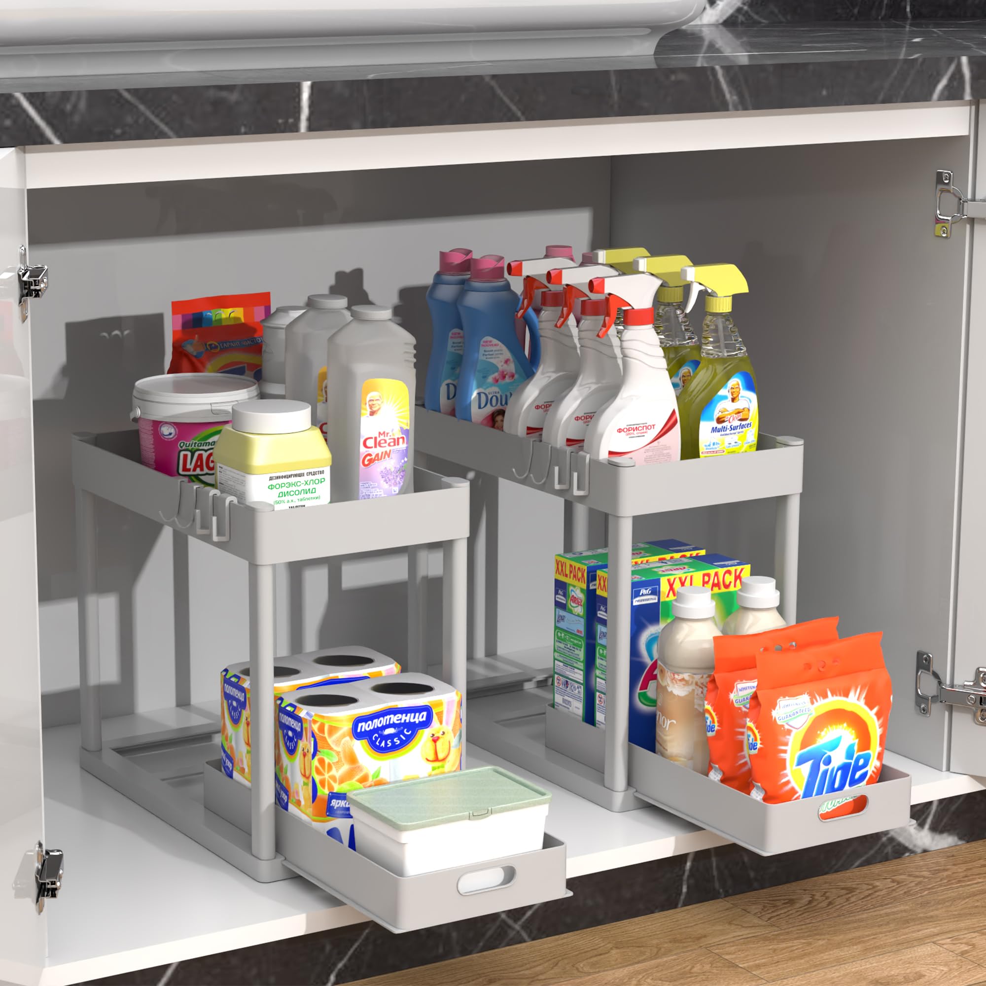 POUGNY 2 Pack Pull-Out Storage Organizers, Under Sink Organizer and Storage for Bathroom & Kitchen,Multi-Purpose Under Cabinet Organizers and storage Black