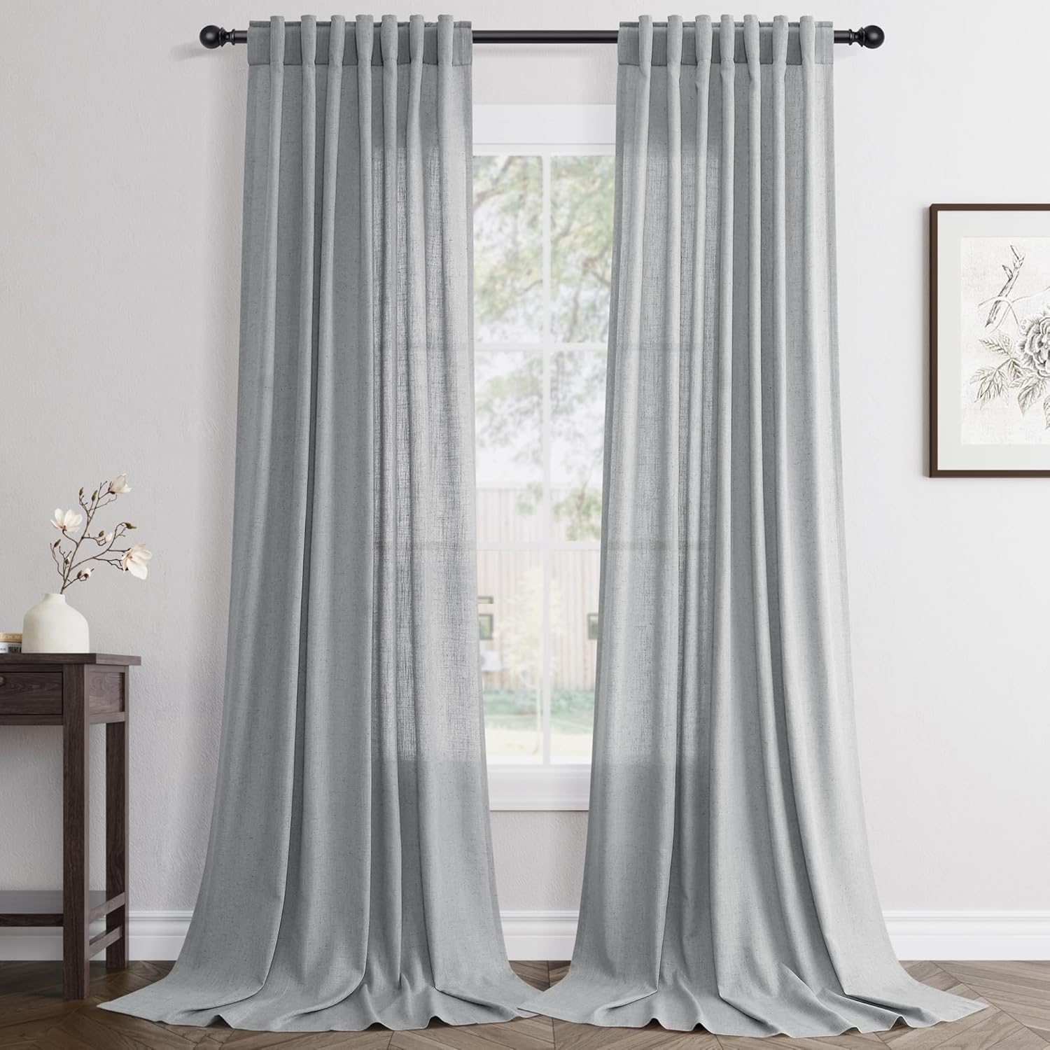 Linen White Curtains 84 inches Long for Bedroom Back Tab Privacy Light Filtering Semi Sheer White Boho Farmhouse Curtain Textured Modern Elegant Coastal Decor Curtains for Living Room
