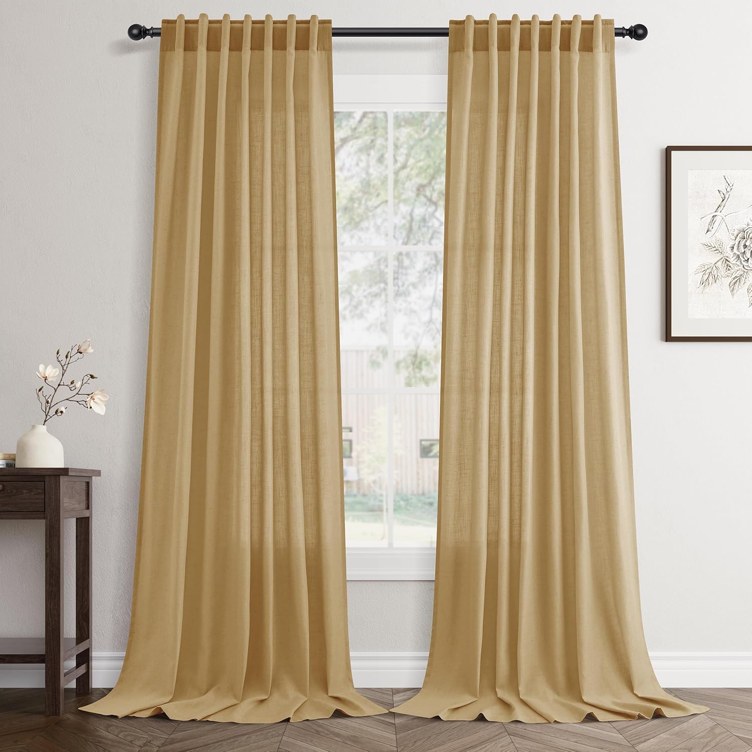 Rustic Brown Linen Back Tab Curtains 84 Inch Length for Living Room 2 Panel Pocket Drape Light Filtering Semi Sheer Cream Country Rustic Farmhouse Boho Curtain Bedroom Pinch Pleated Look