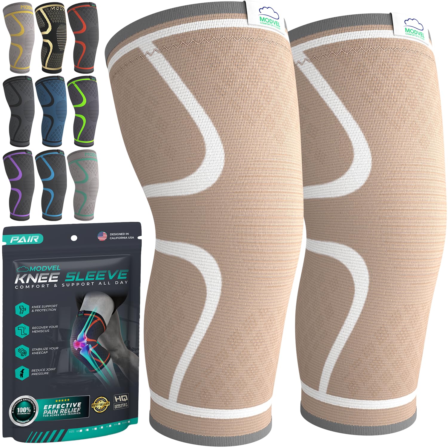 Modvel Compression Knee Brace for Women & Men, 2-Pack Knee Brace for Running Knee Pain, Knee Support Compression Sleeve, Workout Sports Knee Braces for Meniscus Tear, ACL & Arthritis Pain Relief