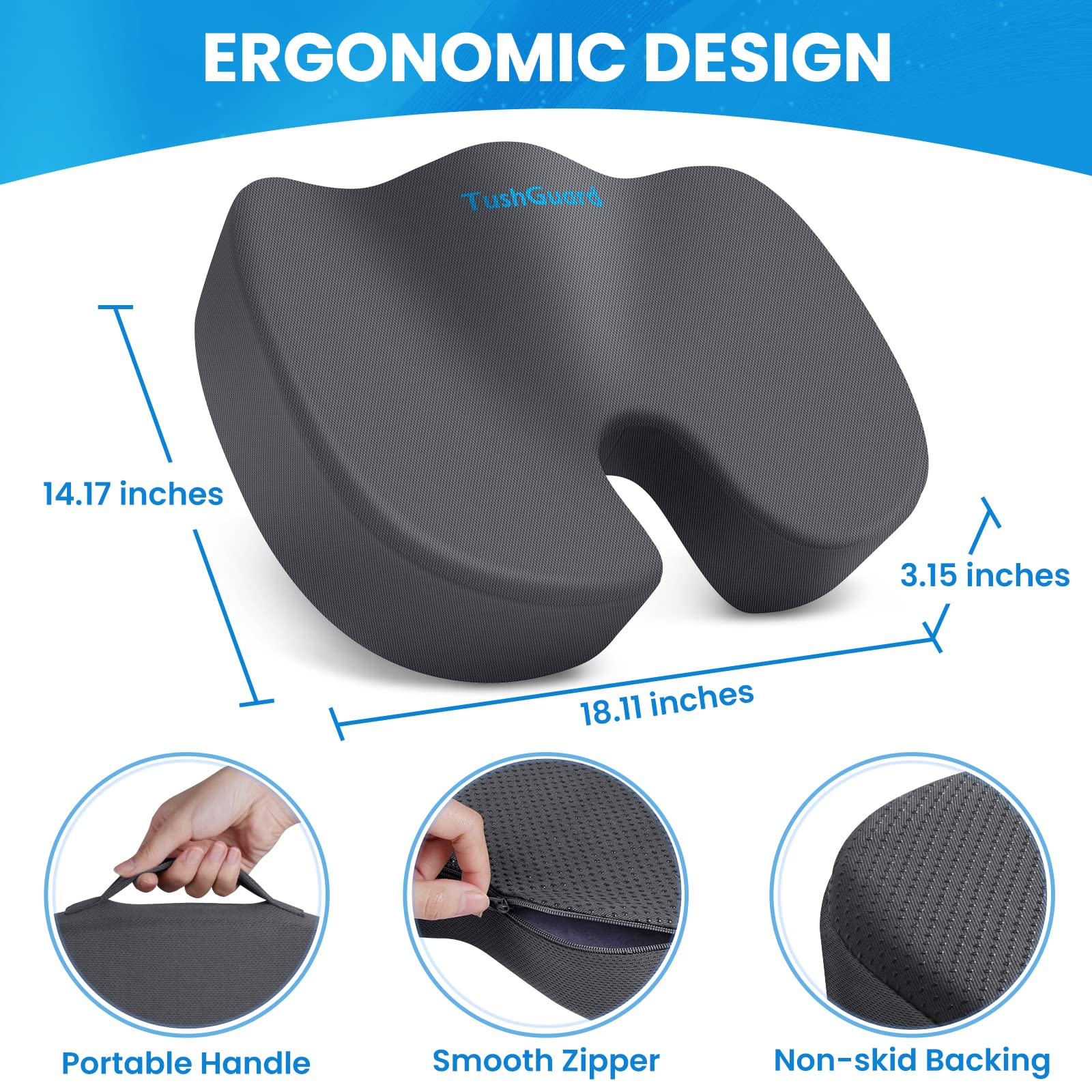TushGuard Seat Cushion for Office Chair Memory Foam Non-Slip Cushion Back, Relief Chair Pad, Butt Pillow for Office Chair, Car, Computer Desk, Black