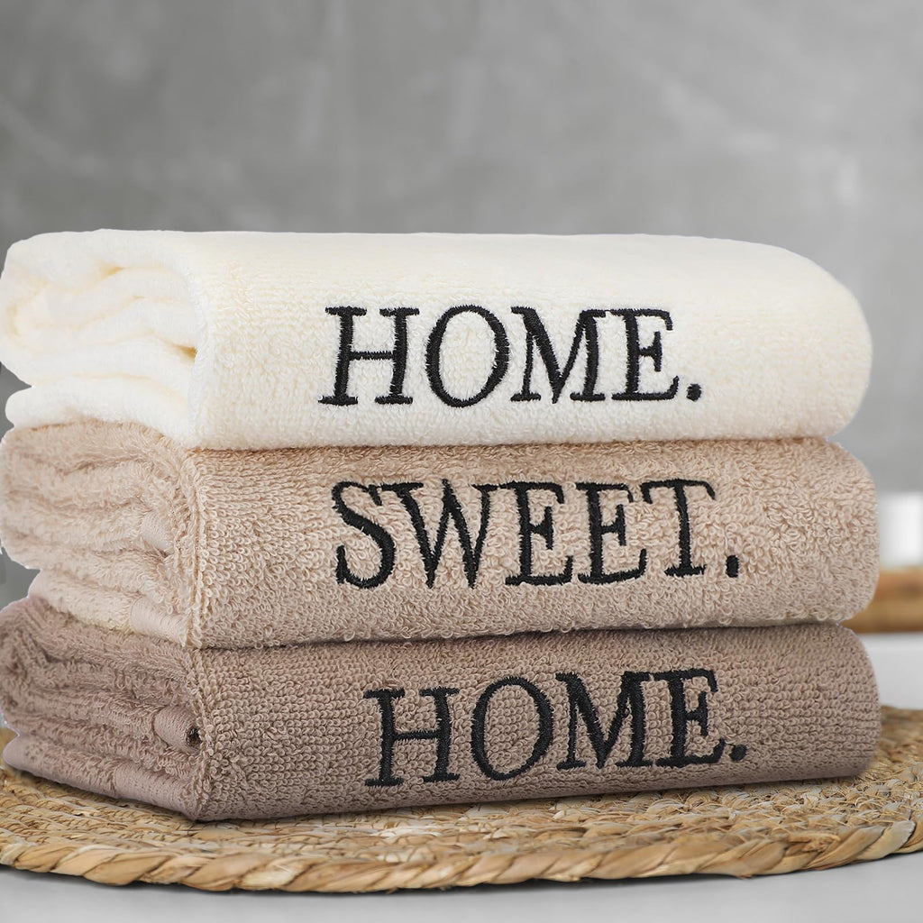 3 Pcs Home Love Family Hand Towels Farmhouse Decorative Embroidered Bathroom Hand Towels Rustic 100% Cotton Brown Hand Towels Set for Boho Bathroom Kitchen Decor