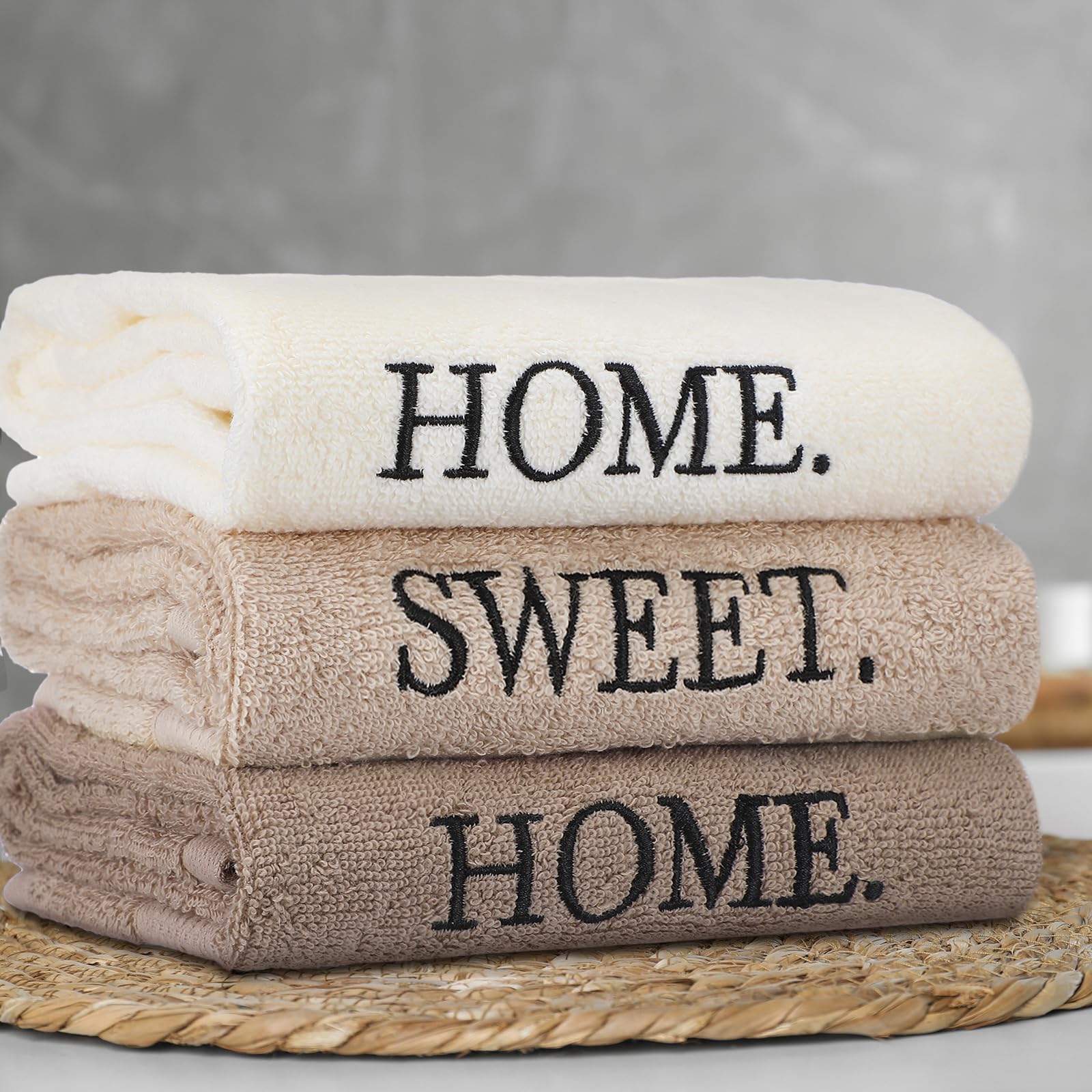 3 Pcs Home Love Family Hand Towels Farmhouse Decorative Embroidered Bathroom Hand Towels Rustic 100% Cotton Brown Hand Towels Set for Boho Bathroom Kitchen Decor