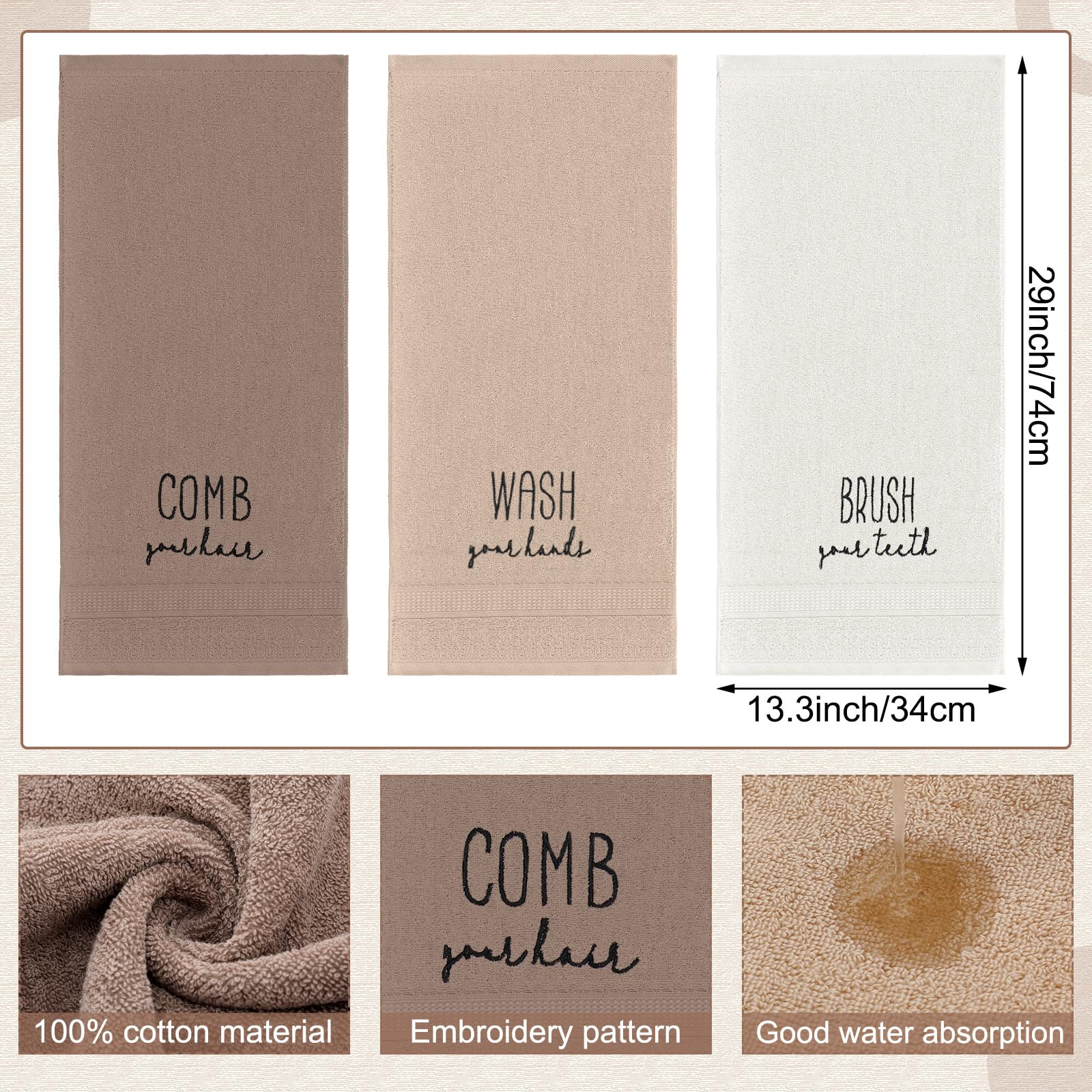 3 Pcs Home Love Family Hand Towels Farmhouse Decorative Embroidered Bathroom Hand Towels Rustic 100% Cotton Brown Hand Towels Set for Boho Bathroom Kitchen Decor