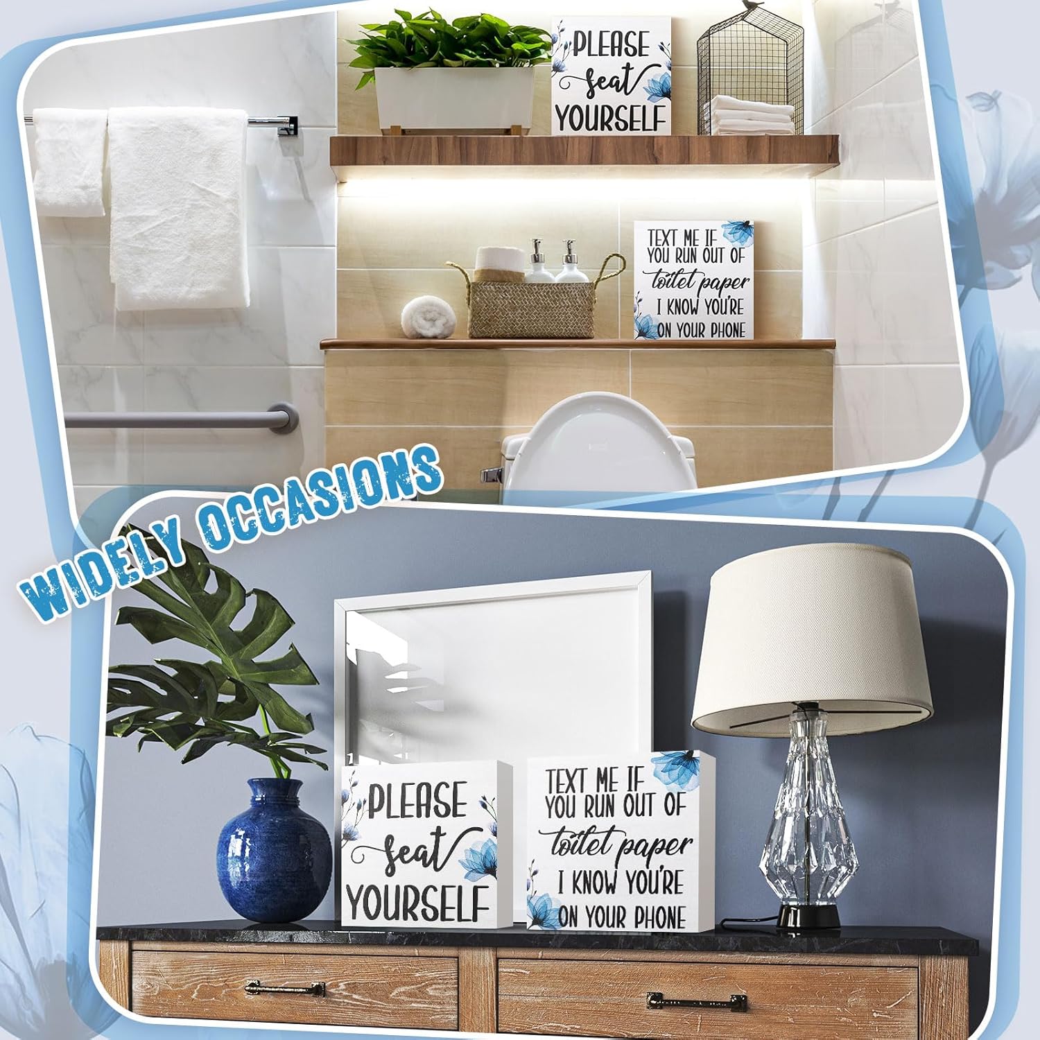 Jetec 2 Pieces Farmhouse Bathroom Signs Decor Wooden Box Sign Funny Bathroom Wall Art Rustic Wood Plaque Please Seat Yourself Decor for Home Restroom(Black)
