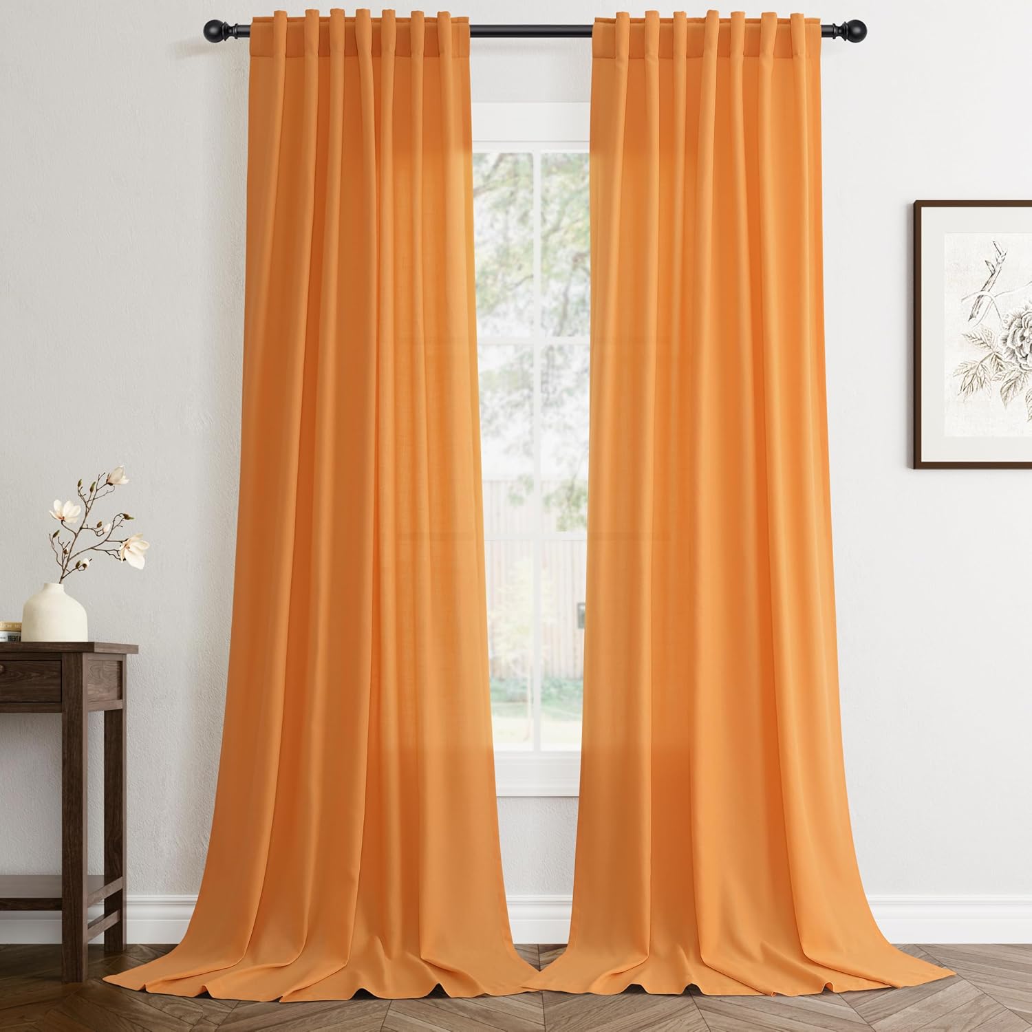 Rustic Brown Linen Back Tab Curtains 84 Inch Length for Living Room 2 Panel Pocket Drape Light Filtering Semi Sheer Cream Country Rustic Farmhouse Boho Curtain Bedroom Pinch Pleated Look