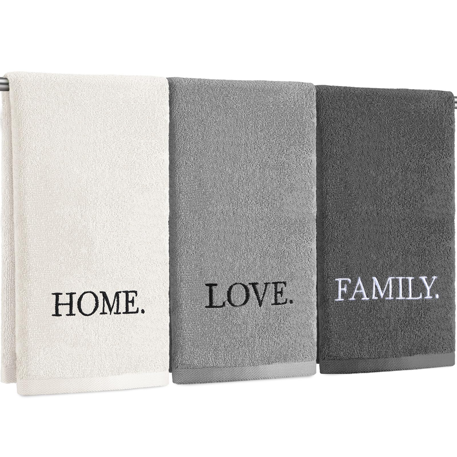 3 Pcs Home Love Family Hand Towels Farmhouse Decorative Embroidered Bathroom Hand Towels Rustic 100% Cotton Brown Hand Towels Set for Boho Bathroom Kitchen Decor