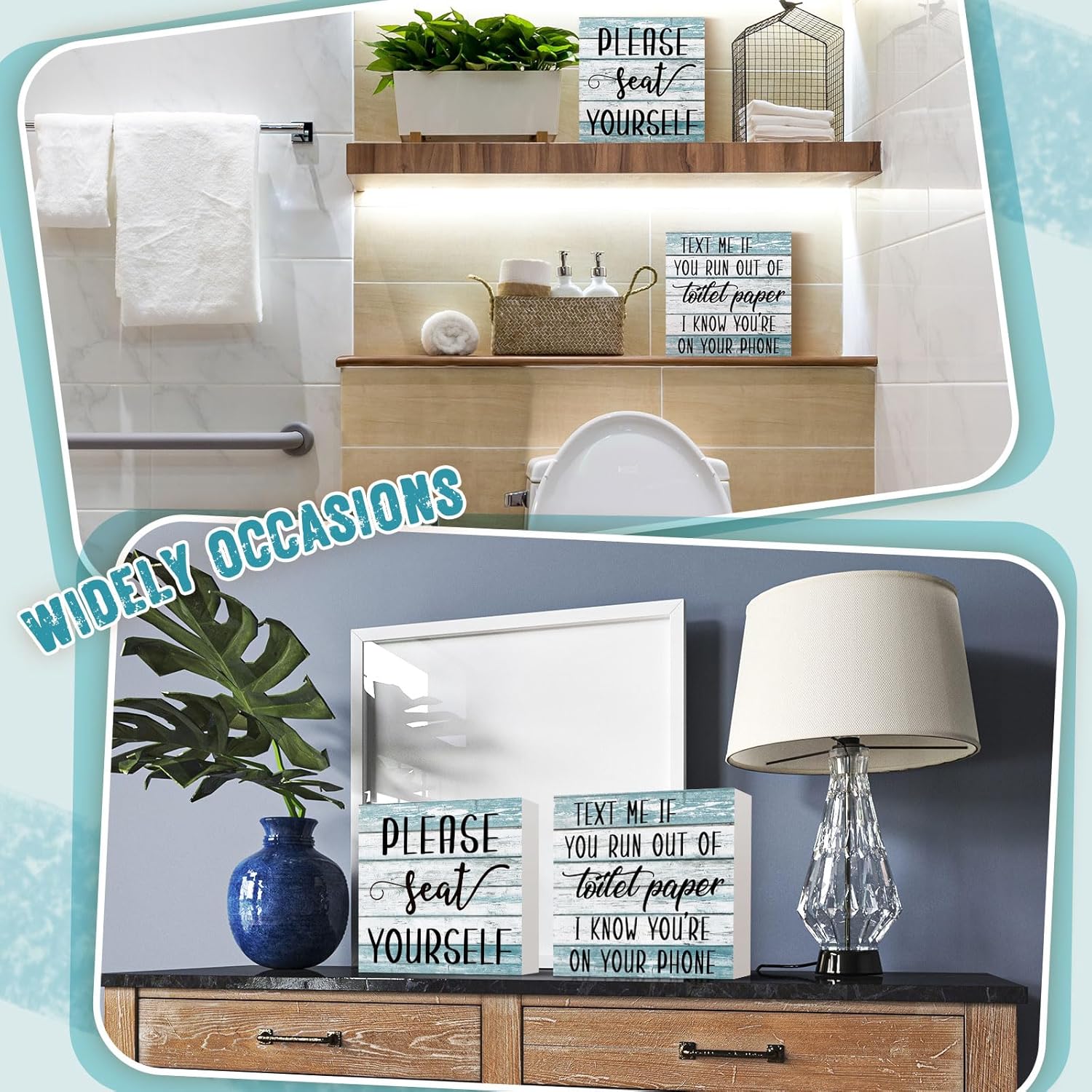 Jetec 2 Pieces Farmhouse Bathroom Signs Decor Wooden Box Sign Funny Bathroom Wall Art Rustic Wood Plaque Please Seat Yourself Decor for Home Restroom(Black)