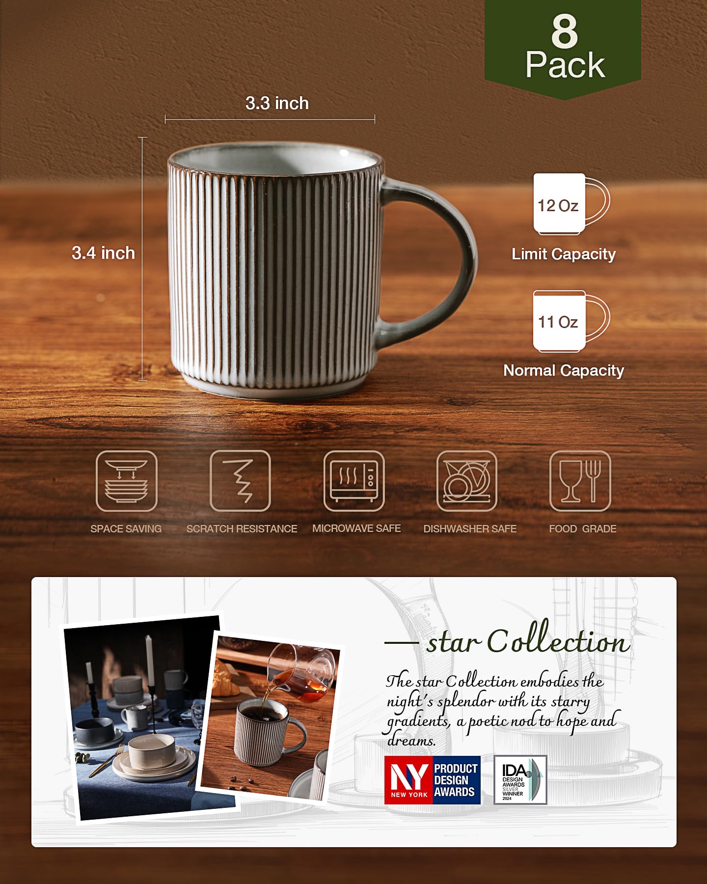 famiware Coffee Mugs Set of 6, Starlight 11 oz Mug Cup Set with Handle for Coffee, Tea, Cocoa, Milk - Ceramic Stoneware Mug Set, Matte Black Grey
