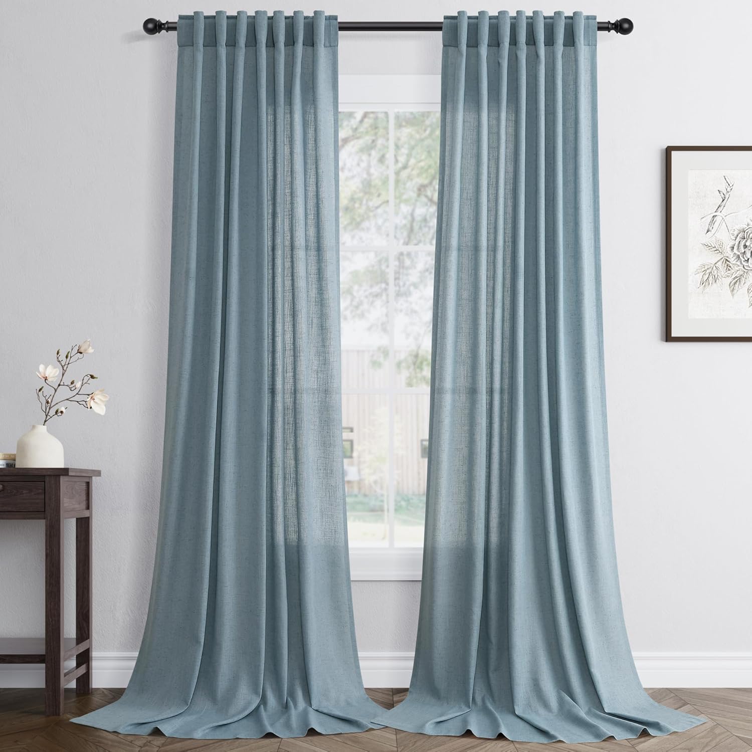 Rustic Brown Linen Back Tab Curtains 84 Inch Length for Living Room 2 Panel Pocket Drape Light Filtering Semi Sheer Cream Country Rustic Farmhouse Boho Curtain Bedroom Pinch Pleated Look