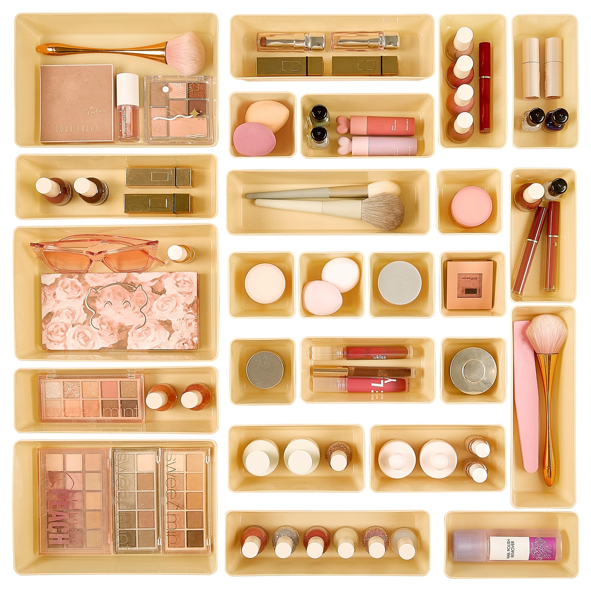 Vtopmart 25 PCS Clear Plastic Drawer Organizers Set, 4-Size Versatile Bathroom and Vanity Drawer Organizer Trays, Storage Bins for Makeup, Bedroom, Kitchen Gadgets Utensils and Office