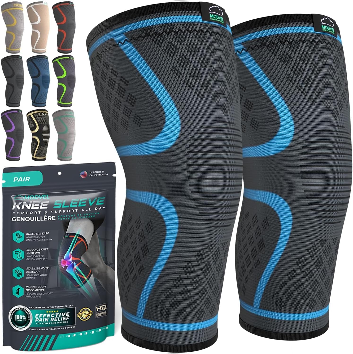 Modvel Compression Knee Brace for Women & Men, 2-Pack Knee Brace for Running Knee Pain, Knee Support Compression Sleeve, Workout Sports Knee Braces for Meniscus Tear, ACL & Arthritis Pain Relief