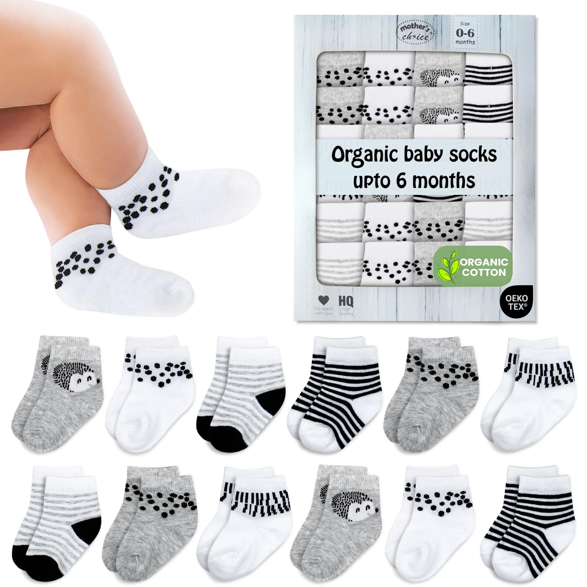 Mother's Choice Organic Cotton Baby Socks Infant 0-6 Months - 12 pairs Soft, Cozy, and Gentle Newborn Socks for Girls & Boys, Perfect Baby Gift for Everyday Wear, and Infant Comfort