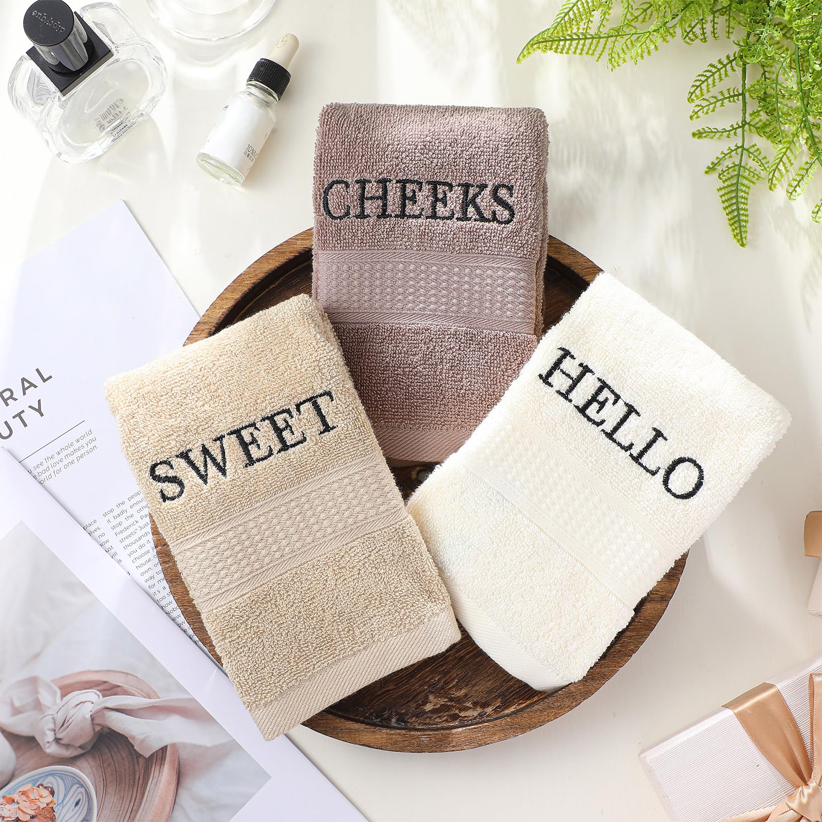 3 Pcs Home Love Family Hand Towels Farmhouse Decorative Embroidered Bathroom Hand Towels Rustic 100% Cotton Brown Hand Towels Set for Boho Bathroom Kitchen Decor