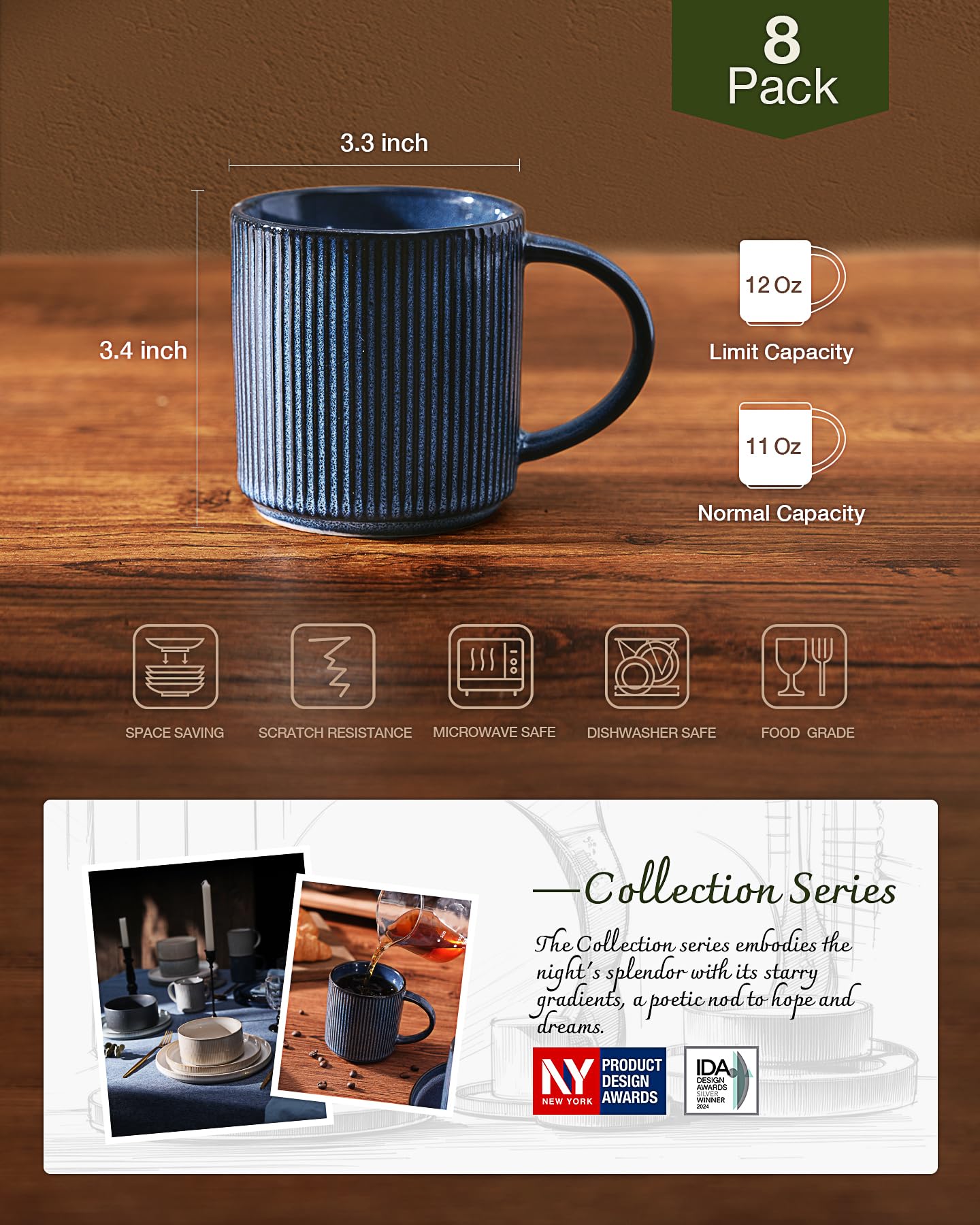 famiware Coffee Mugs Set of 6, Starlight 11 oz Mug Cup Set with Handle for Coffee, Tea, Cocoa, Milk - Ceramic Stoneware Mug Set, Matte Black Grey