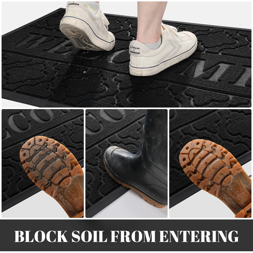 Yimobra Welcome Mat Outdoor Indoor, All-Weather Waterproof Front Door Mat Outside Entrance, Non-Slip Low Profile Porch Patio Doormat, 29.5x17, Black