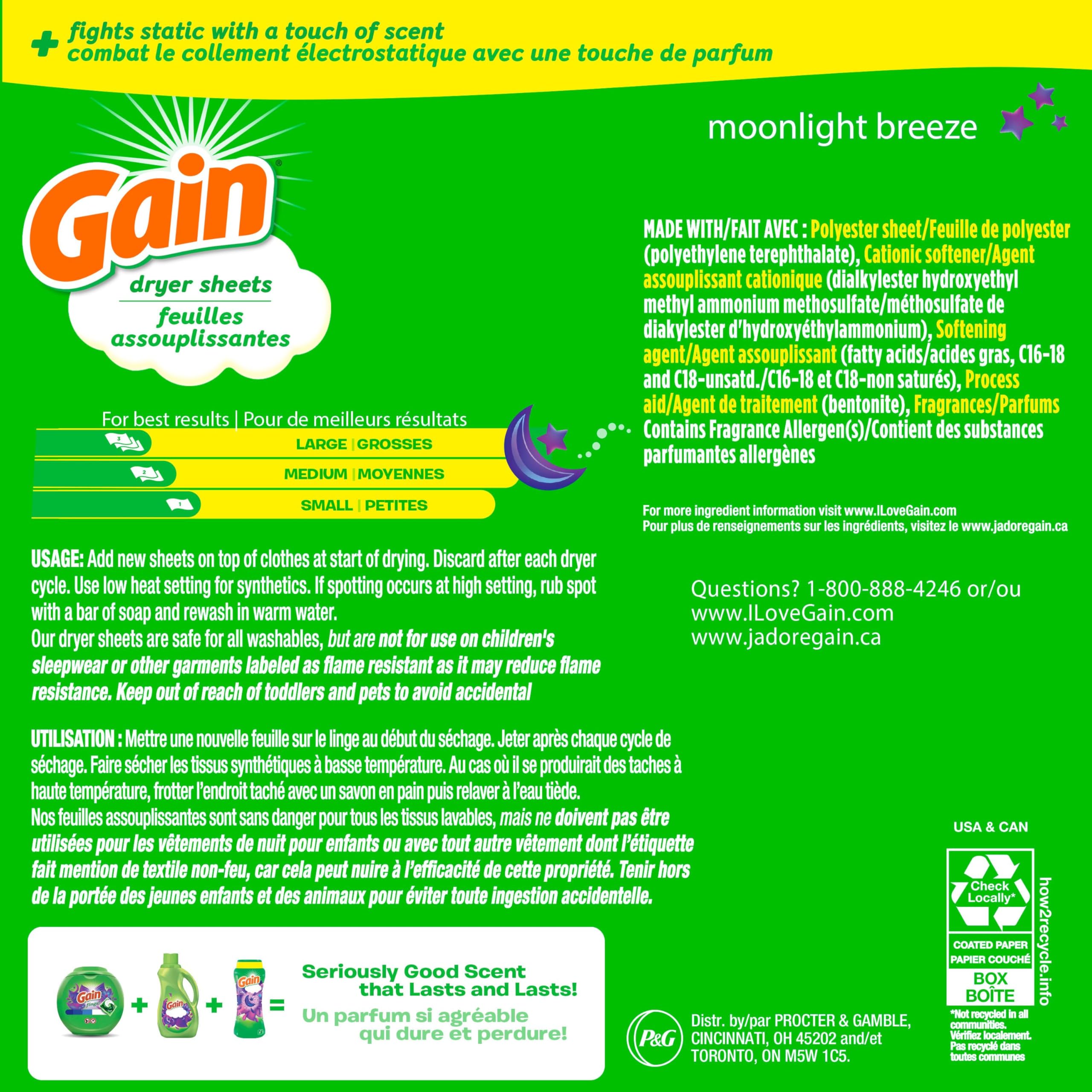 Gain dryer sheets Plus Wrinkle Release, Moonlight Breeze Scent, 120 Count, Fights static with a touch of scent, laundry sheets