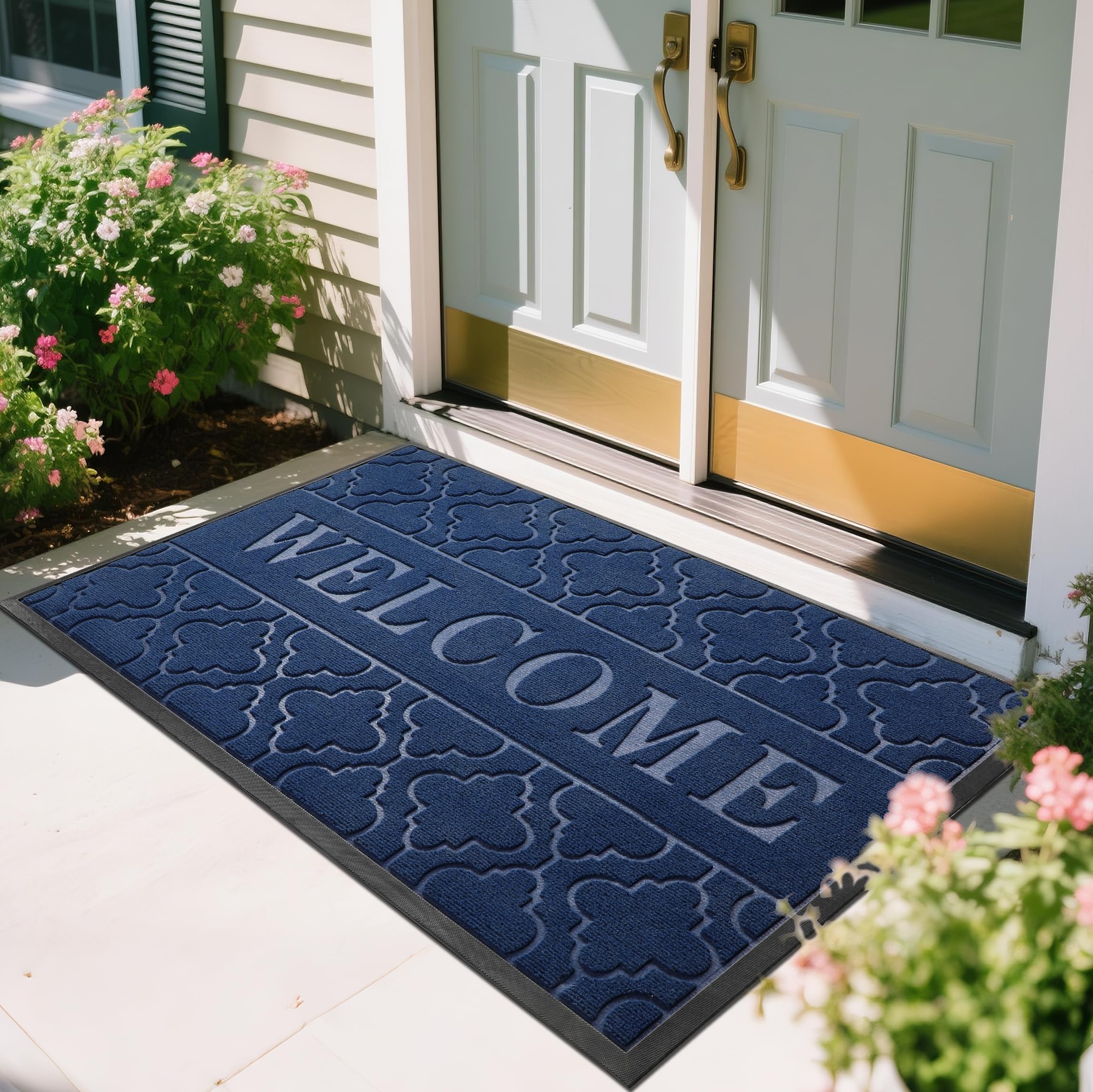Yimobra Welcome Mat Outdoor Indoor, All-Weather Waterproof Front Door Mat Outside Entrance, Non-Slip Low Profile Porch Patio Doormat, 29.5x17, Black