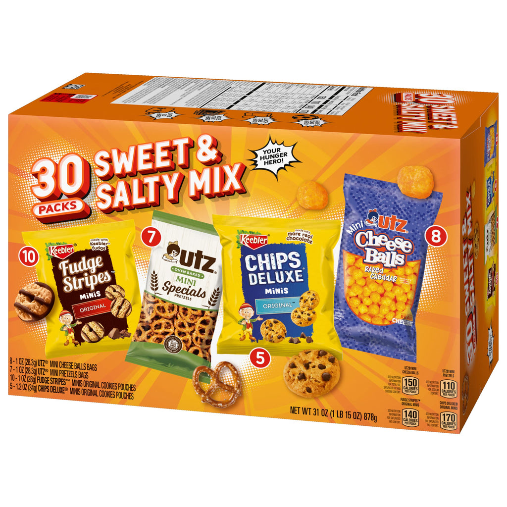 Keebler Sweet & Salty Variety Pack, 30-Count Box, Includes Keebler Chips Deluxe, Fudge Stripes, Utz mini Pretzels and Cheese Balls, 31 oz