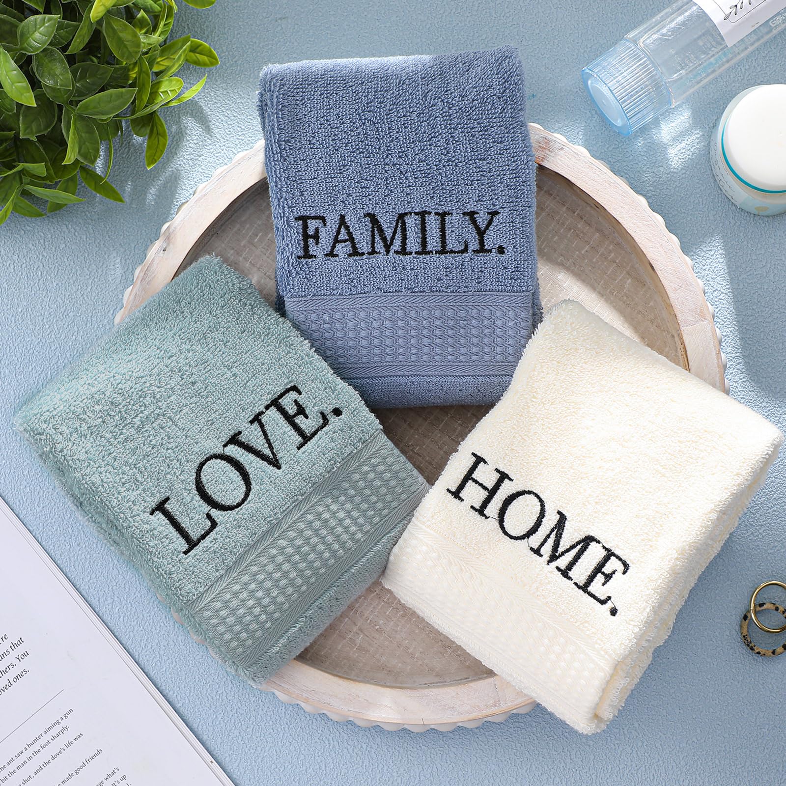 3 Pcs Home Love Family Hand Towels Farmhouse Decorative Embroidered Bathroom Hand Towels Rustic 100% Cotton Brown Hand Towels Set for Boho Bathroom Kitchen Decor