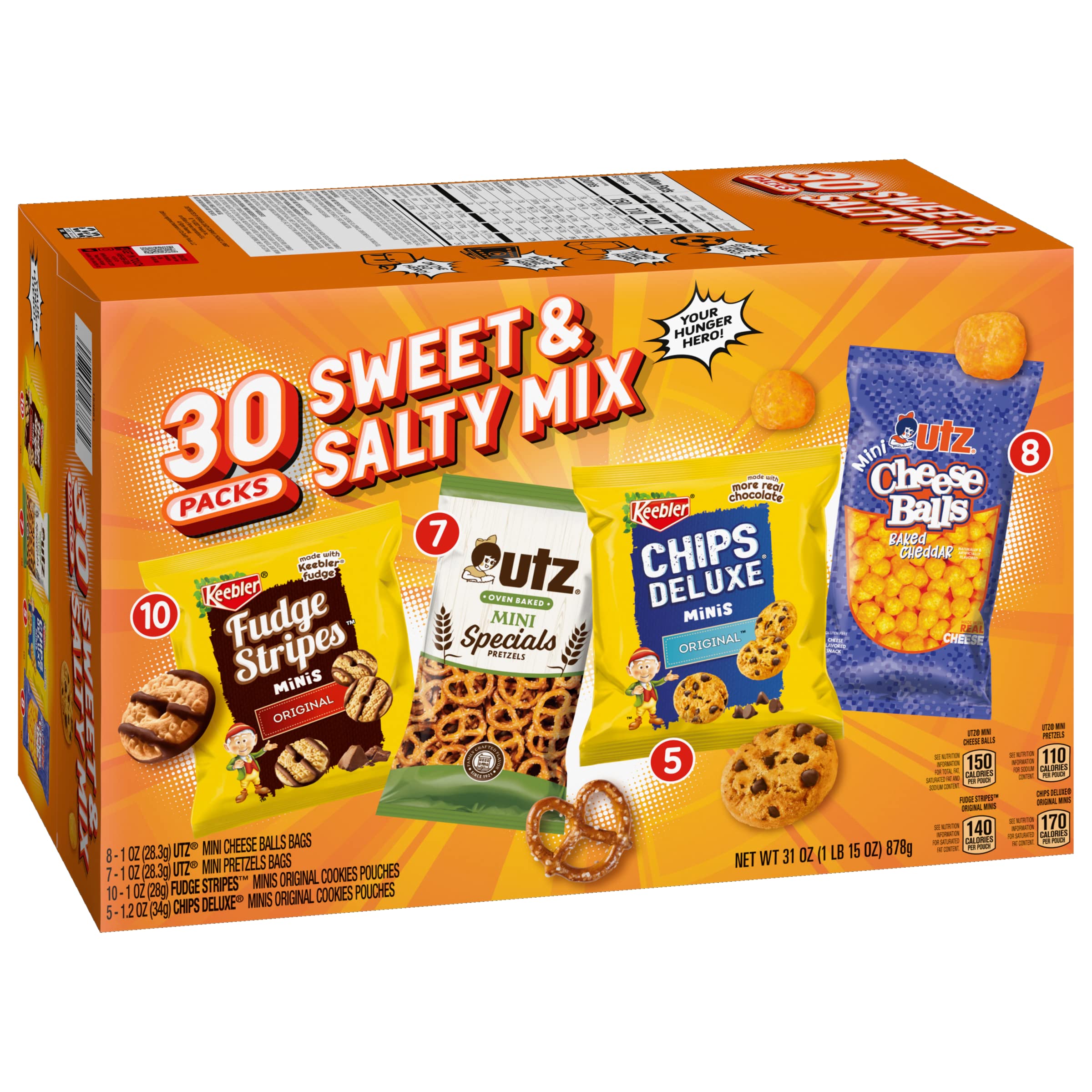 Keebler Sweet & Salty Variety Pack, 30-Count Box, Includes Keebler Chips Deluxe, Fudge Stripes, Utz mini Pretzels and Cheese Balls, 31 oz