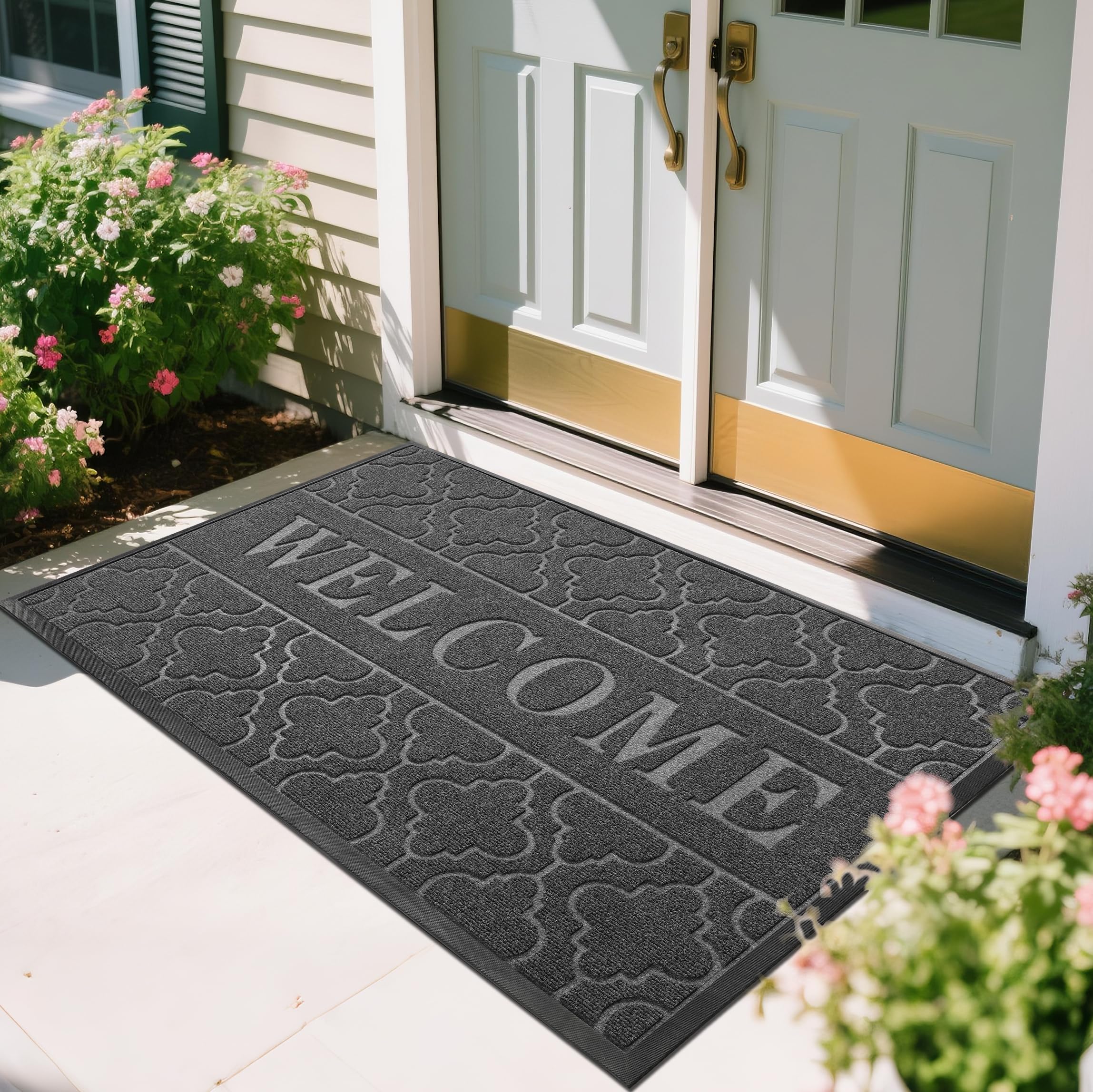 Yimobra Welcome Mat Outdoor Indoor, All-Weather Waterproof Front Door Mat Outside Entrance, Non-Slip Low Profile Porch Patio Doormat, 29.5x17, Black