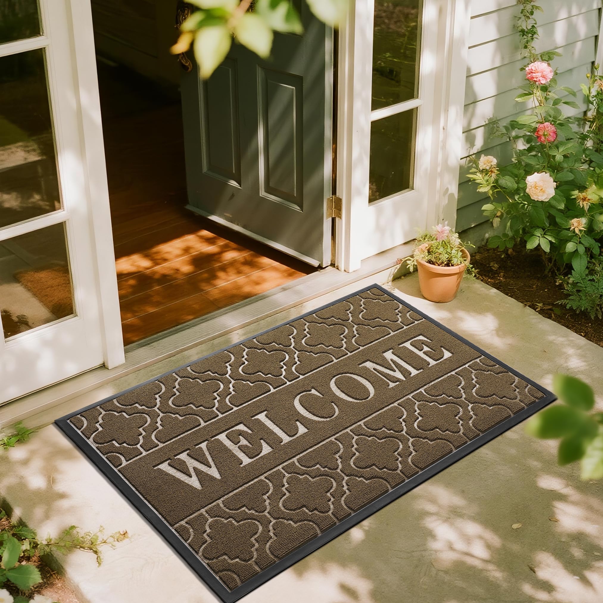 Yimobra Welcome Mat Outdoor Indoor, All-Weather Waterproof Front Door Mat Outside Entrance, Non-Slip Low Profile Porch Patio Doormat, 29.5x17, Black