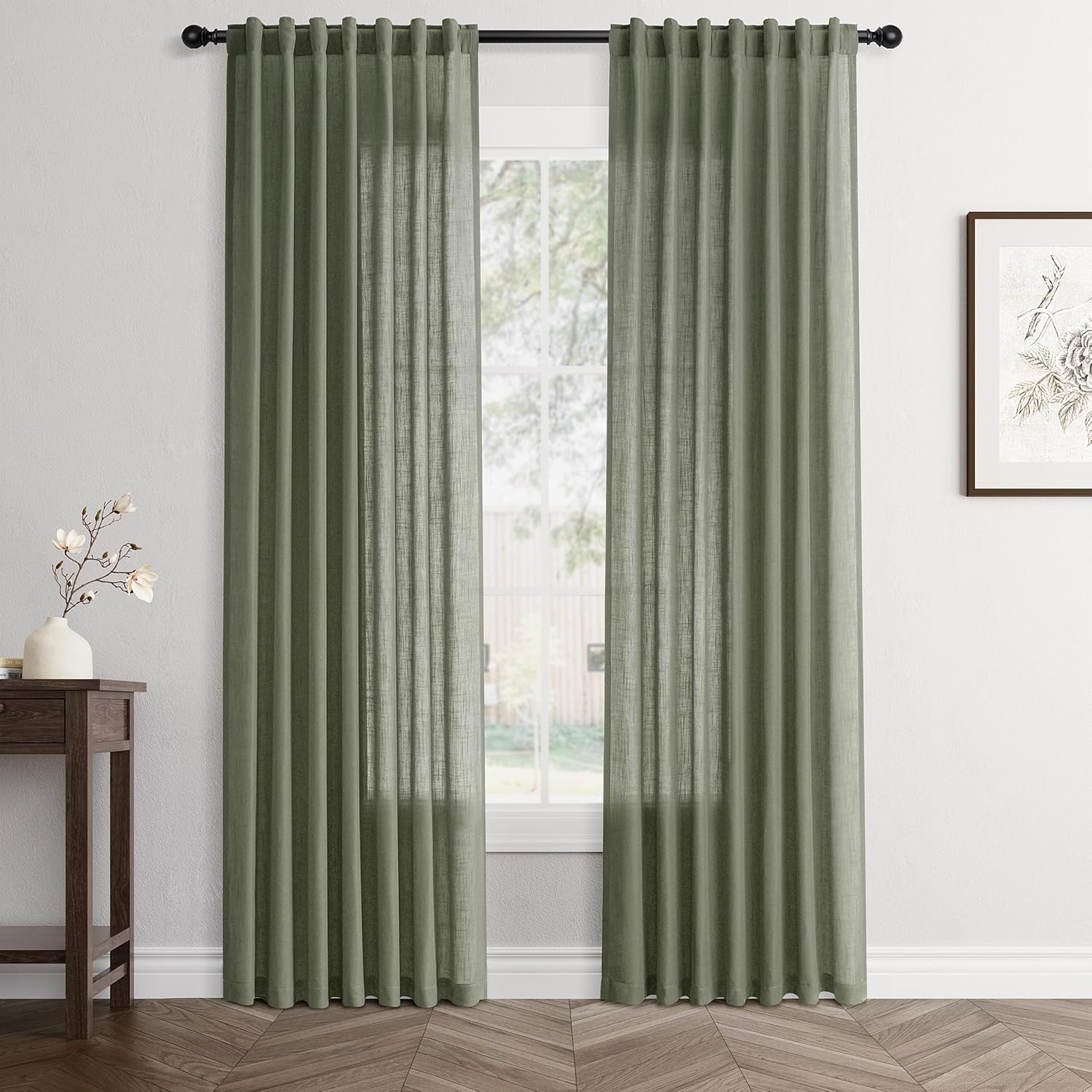Linen White Curtains 84 inches Long for Bedroom Back Tab Privacy Light Filtering Semi Sheer White Boho Farmhouse Curtain Textured Modern Elegant Coastal Decor Curtains for Living Room