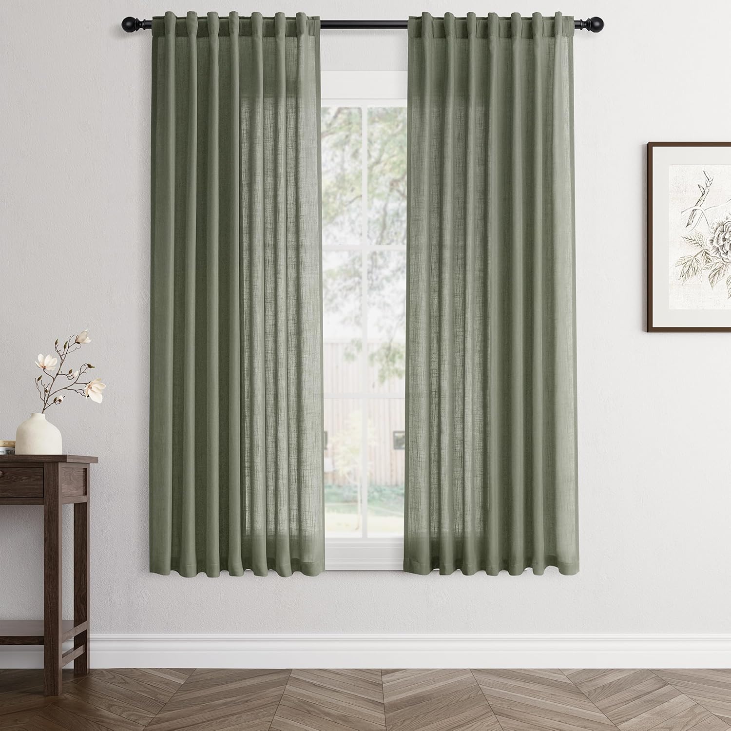 Rustic Brown Linen Back Tab Curtains 84 Inch Length for Living Room 2 Panel Pocket Drape Light Filtering Semi Sheer Cream Country Rustic Farmhouse Boho Curtain Bedroom Pinch Pleated Look