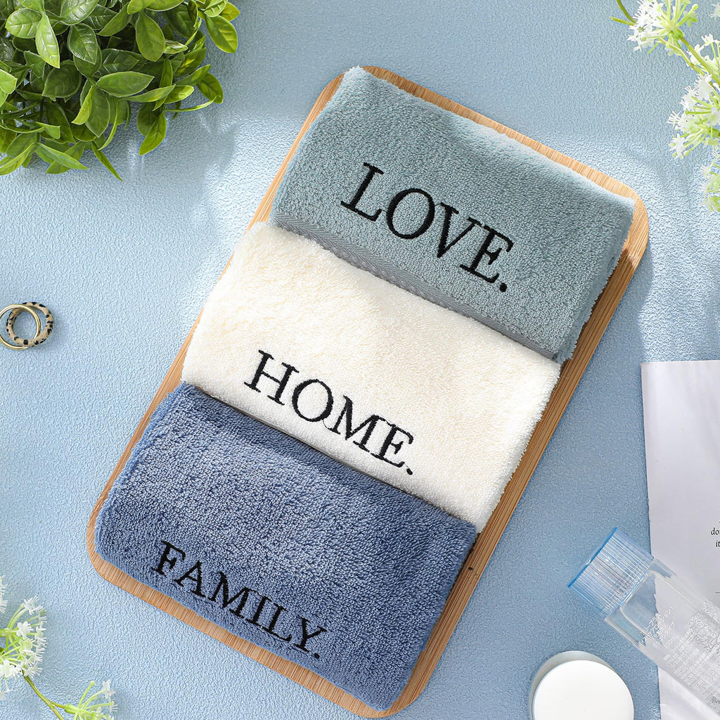 3 Pcs Home Love Family Hand Towels Farmhouse Decorative Embroidered Bathroom Hand Towels Rustic 100% Cotton Brown Hand Towels Set for Boho Bathroom Kitchen Decor