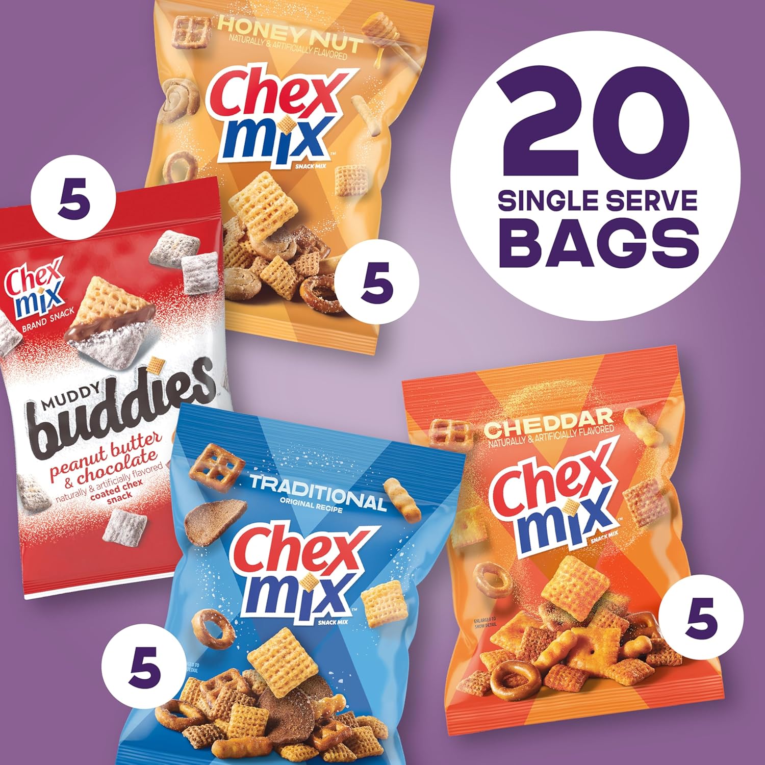 Sweet and Salty Snack Variety Pack, Muddy Buddies Peanut Butter and Chocolate, Chex Mix Traditional, Cheddar, and Honey Nut, 20 Ct, 35 oz