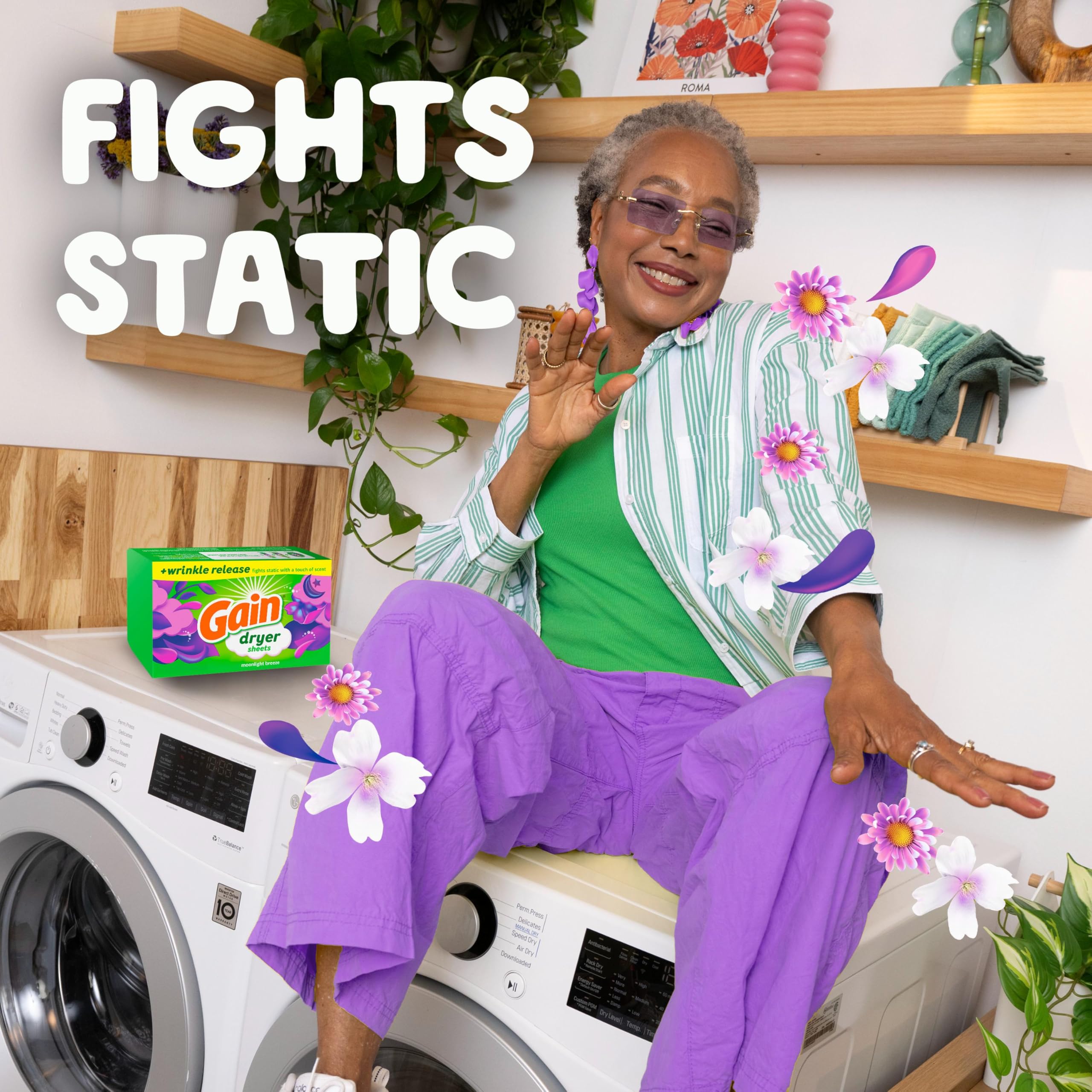 Gain dryer sheets Plus Wrinkle Release, Moonlight Breeze Scent, 120 Count, Fights static with a touch of scent, laundry sheets