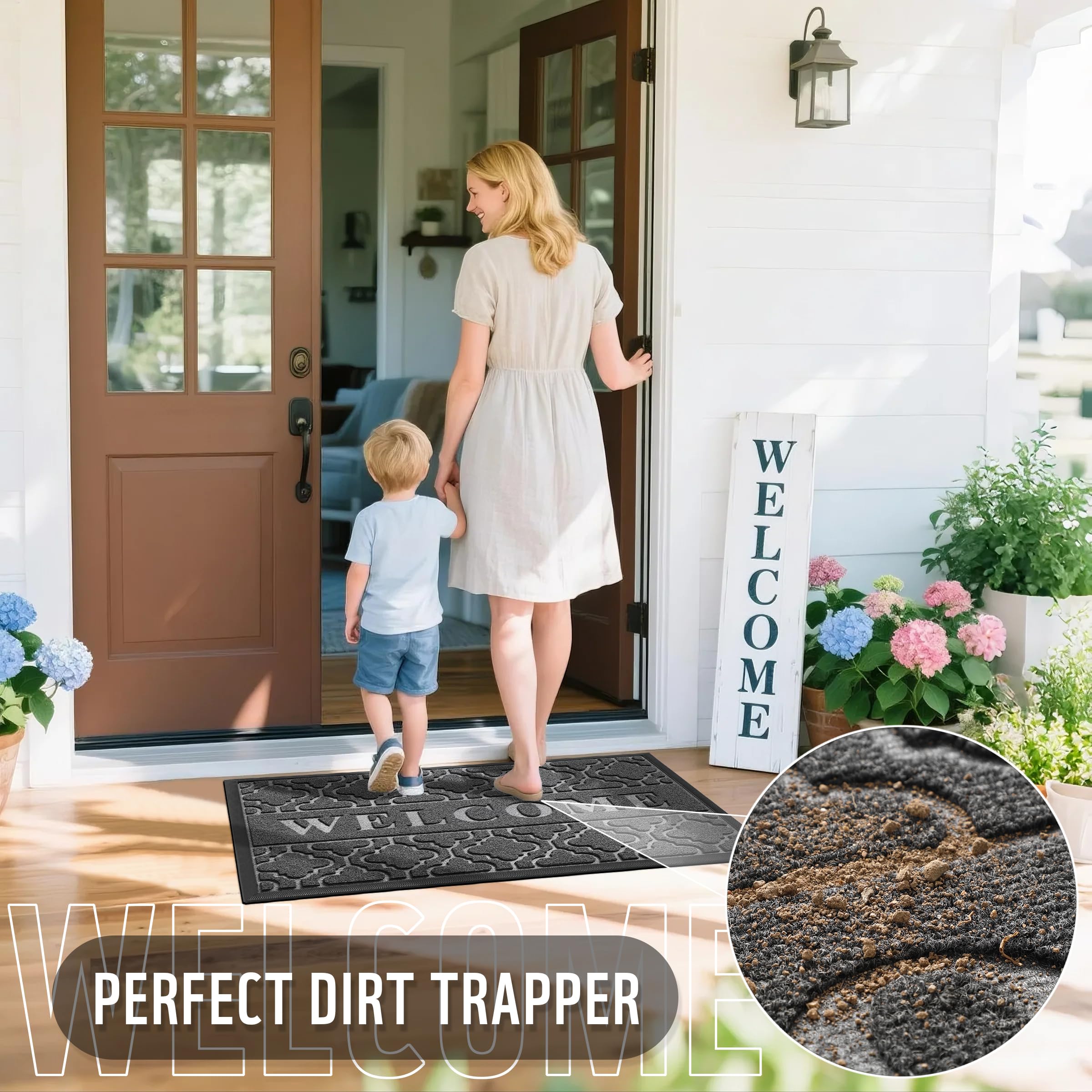 Yimobra Welcome Mat Outdoor Indoor, All-Weather Waterproof Front Door Mat Outside Entrance, Non-Slip Low Profile Porch Patio Doormat, 29.5x17, Black
