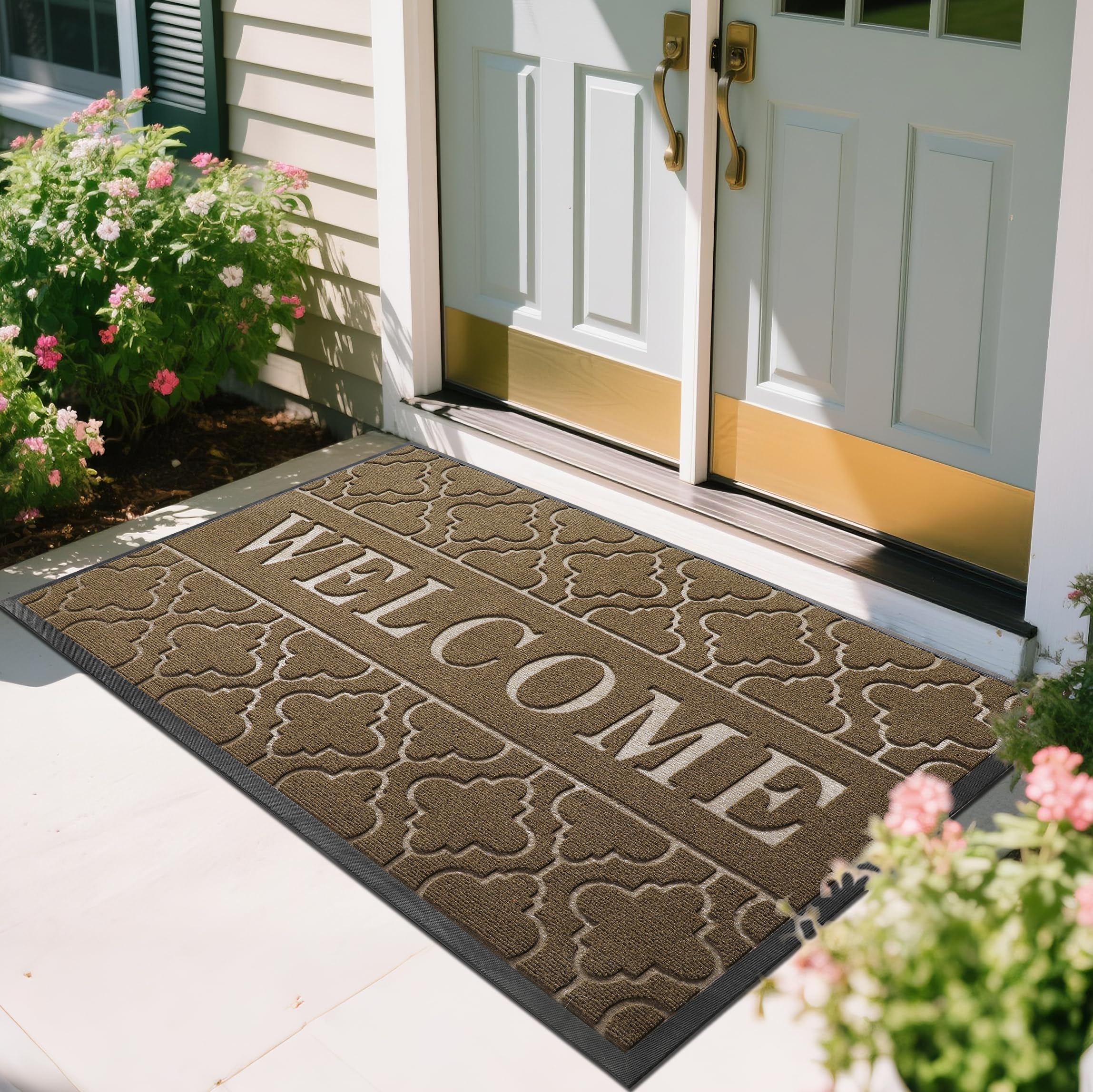 Yimobra Welcome Mat Outdoor Indoor, All-Weather Waterproof Front Door Mat Outside Entrance, Non-Slip Low Profile Porch Patio Doormat, 29.5x17, Black