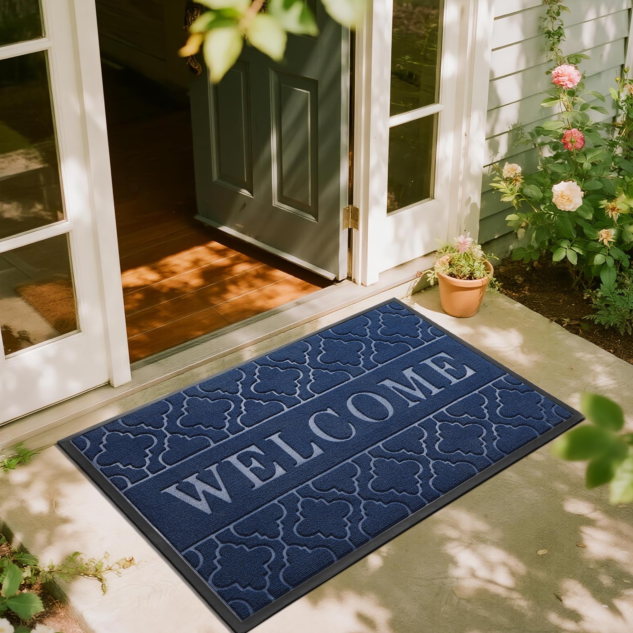 Yimobra Welcome Mat Outdoor Indoor, All-Weather Waterproof Front Door Mat Outside Entrance, Non-Slip Low Profile Porch Patio Doormat, 29.5x17, Black