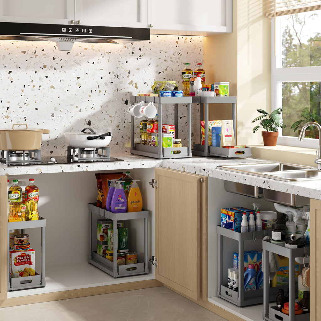 POUGNY 2 Pack Pull-Out Storage Organizers, Under Sink Organizer and Storage for Bathroom & Kitchen,Multi-Purpose Under Cabinet Organizers and storage Black