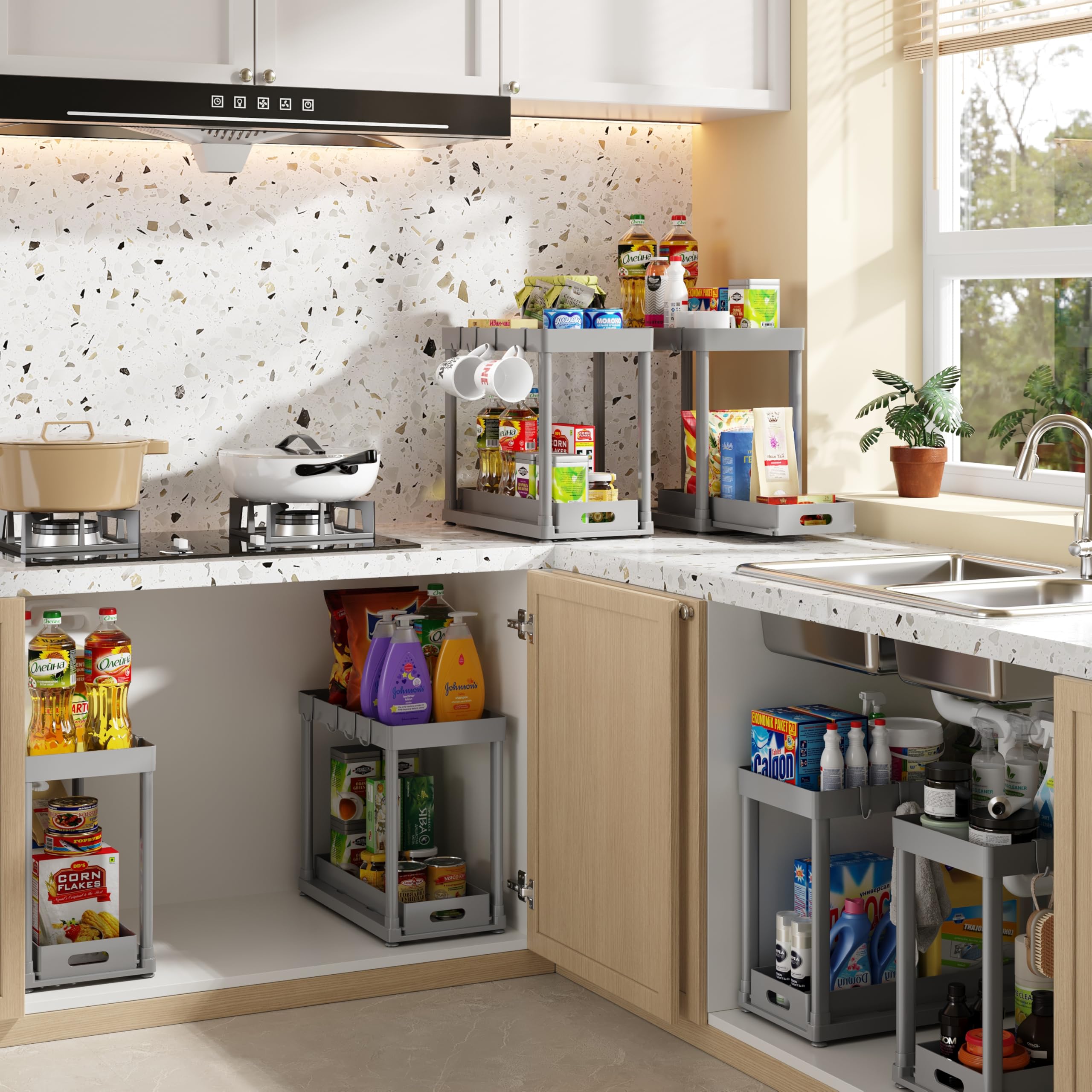 POUGNY 2 Pack Pull-Out Storage Organizers, Under Sink Organizer and Storage for Bathroom & Kitchen,Multi-Purpose Under Cabinet Organizers and storage Black